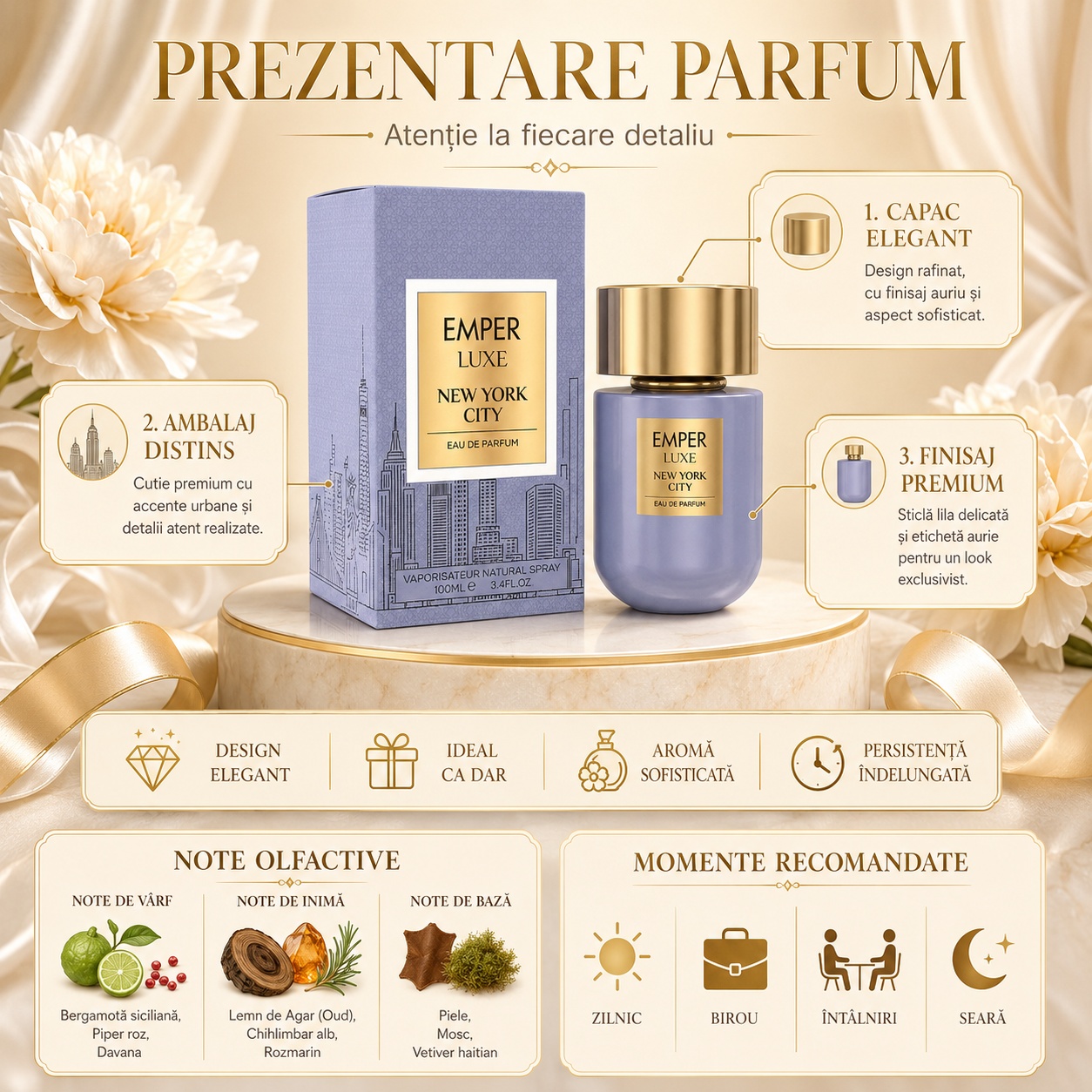 Prezentare parfum Emper Luxe New York City cu ambalaj distins, capac elegant, finisaj premium și note olfactive