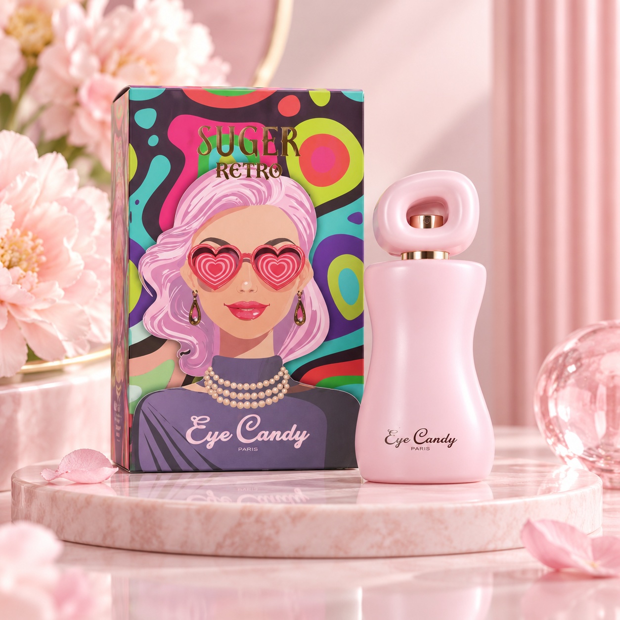 Eye Candy Suger Retro ARO-FAC Eau de Parfum 100 ml parfum de damă inspirat de Angel Nova Mugler cu flacon roz și cutie pop-art