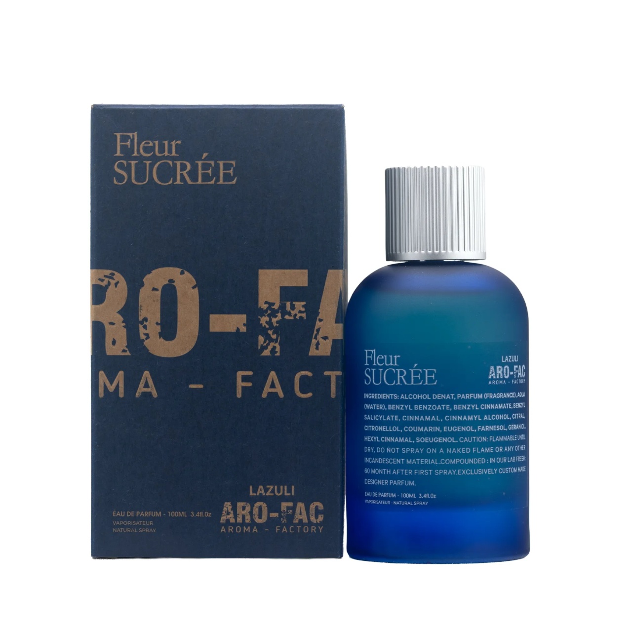 Fleur Sucree Aro-Fac Lazuli Eau de Parfum 100 ml cu sticlă și cutie pe fundal alb