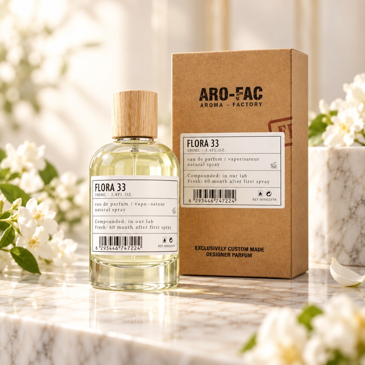 Flora 33 ARO-FAC Eau de Parfum 100 ml parfum de damă floral cu flacon transparent capac din lemn și cutie kraft premium
