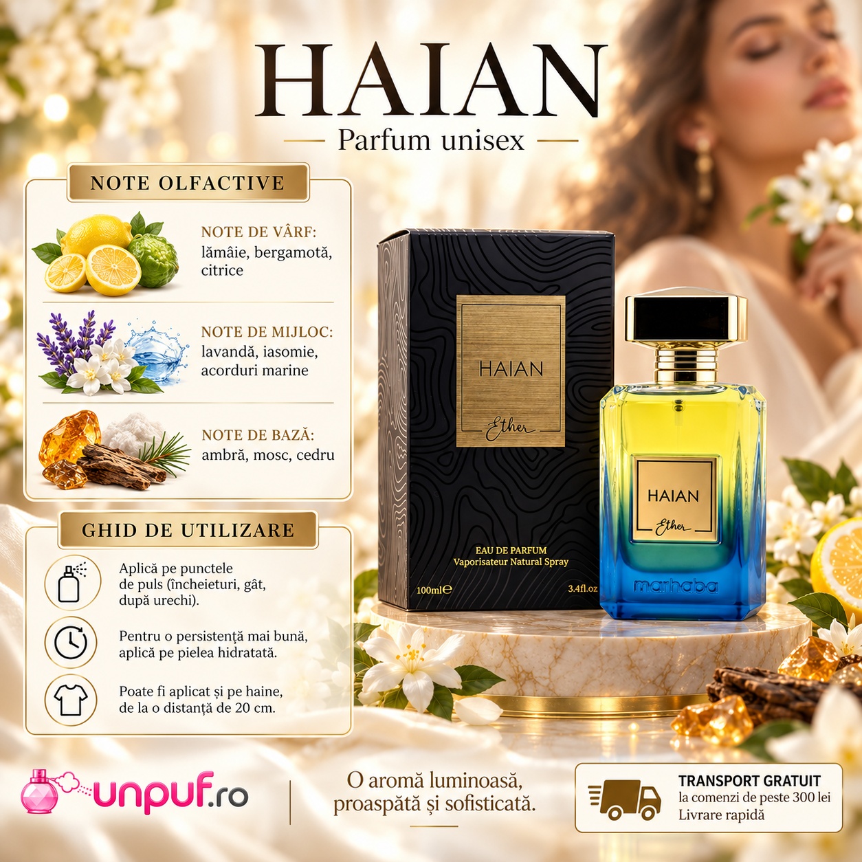 Haian Ether x Marhaba note olfactive și ghid de utilizare, parfum unisex luminos, proaspăt și sofisticat