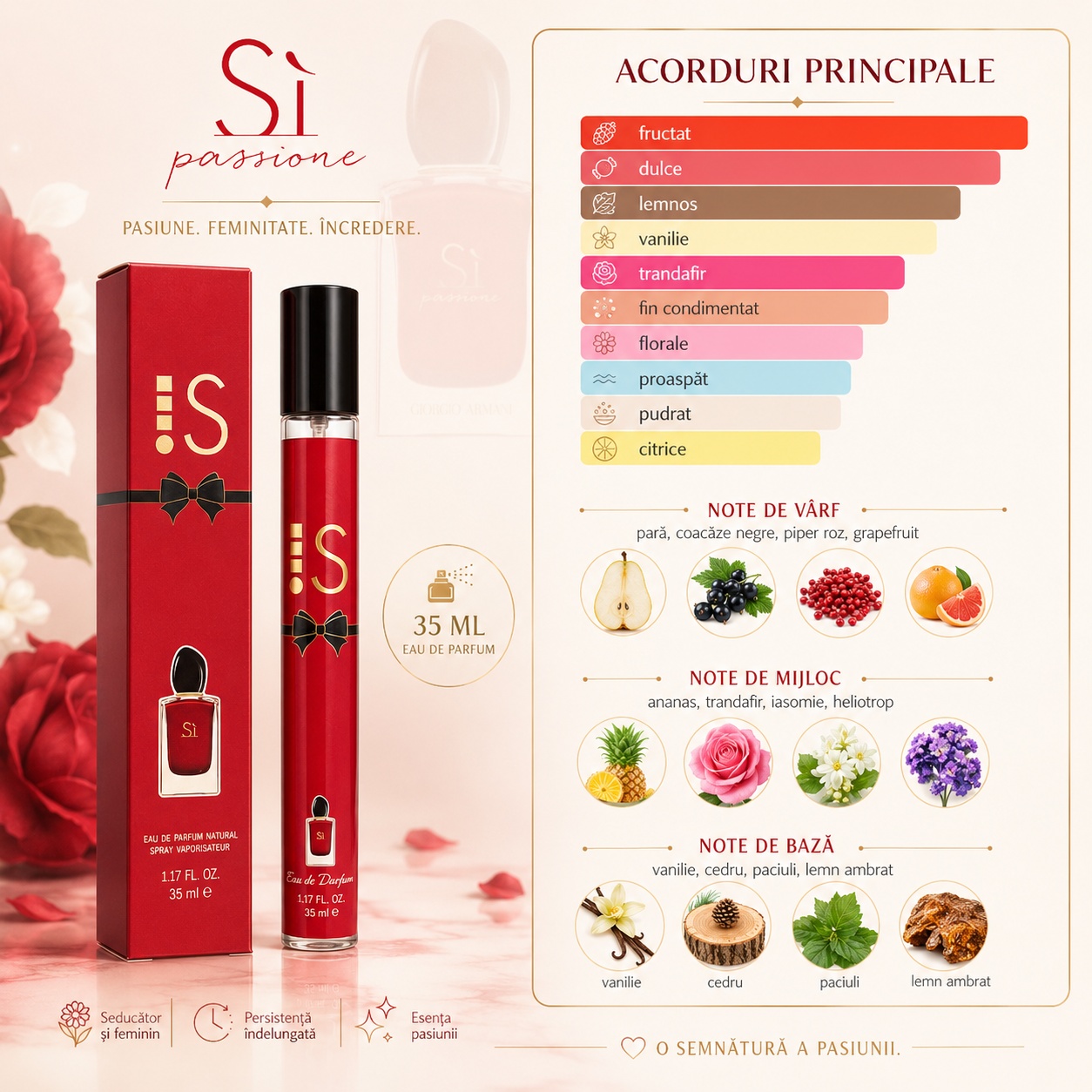 IS 35 ml acorduri principale fructat dulce lemnos vanilie trandafir floral proaspăt pudrat citrice