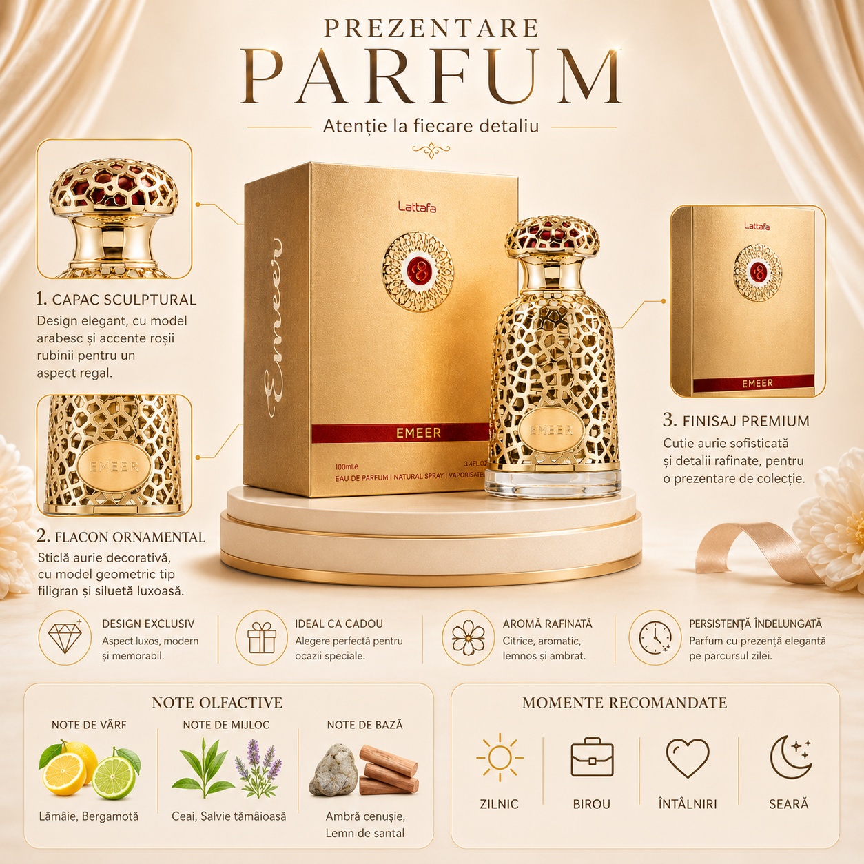 Prezentare Lattafa Emeer parfum unisex cu capac sculptural flacon ornamental ambalaj premium note citrice aromatice lemnoase și ambrate