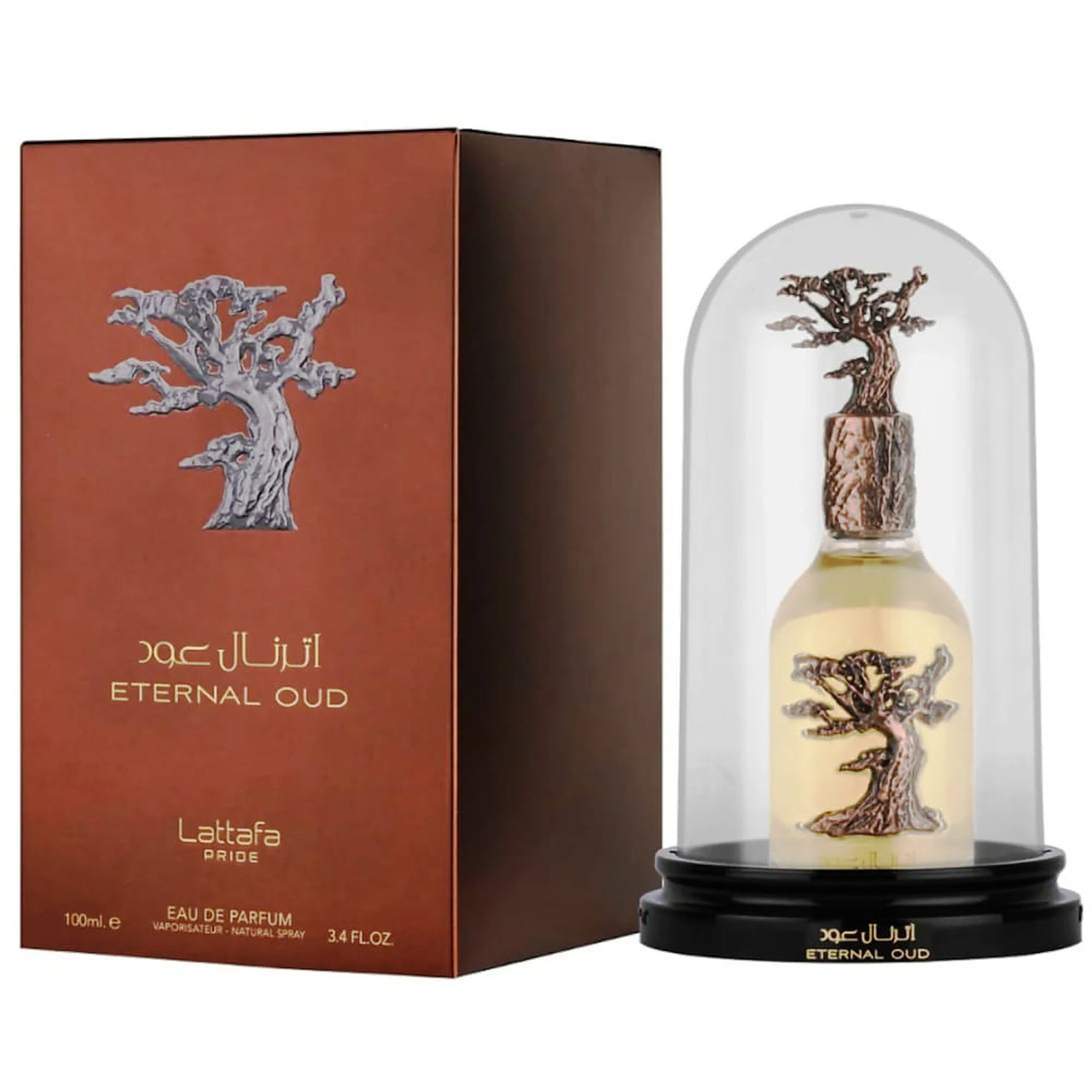 Parfum Lattafa Eternal Oud 100 ml apă de parfum unisex cu flacon original sub cupolă transparentă și cutie Lattafa Pride