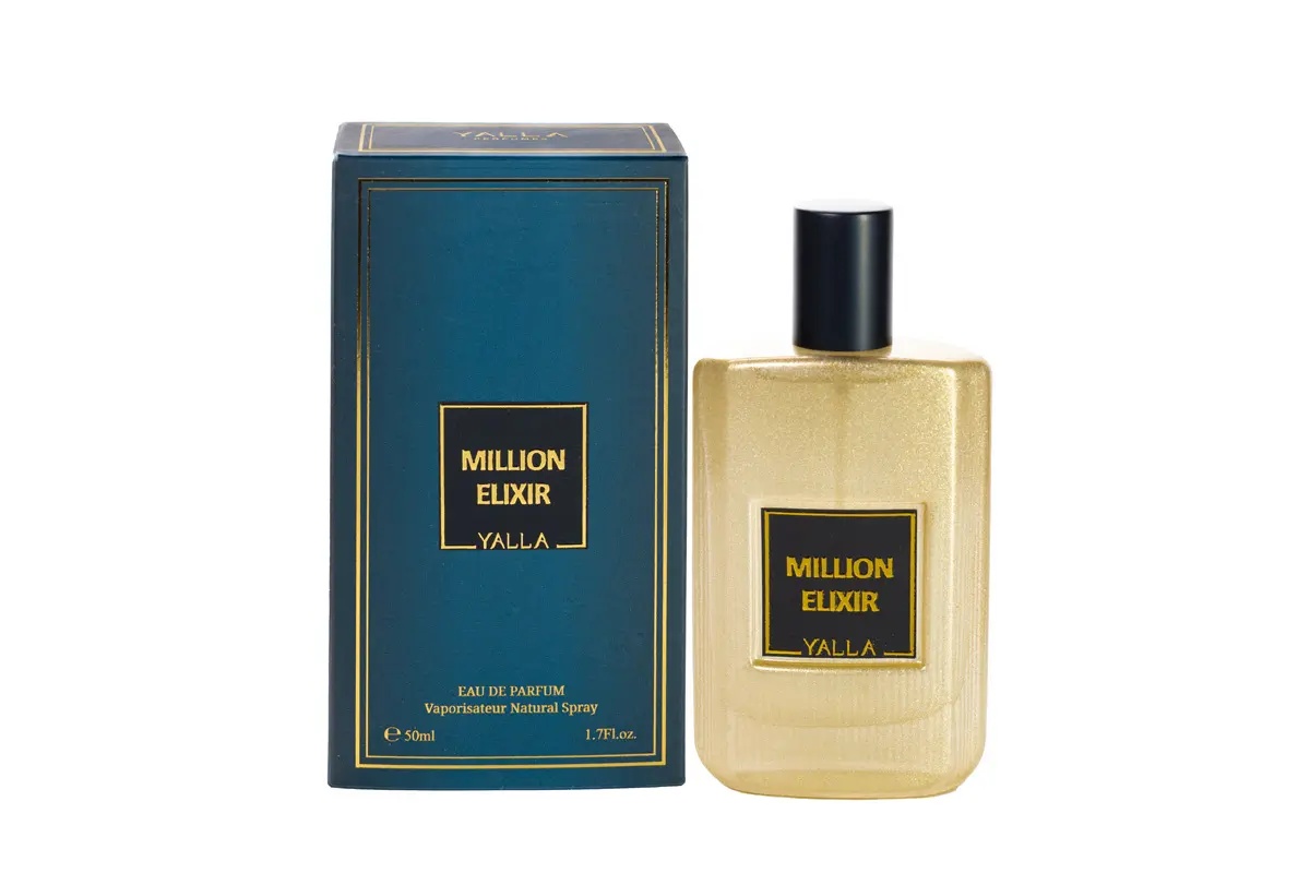 Million Elixir Yalla Eau de Parfum 50 ml cu sticlă și cutie pe fundal alb