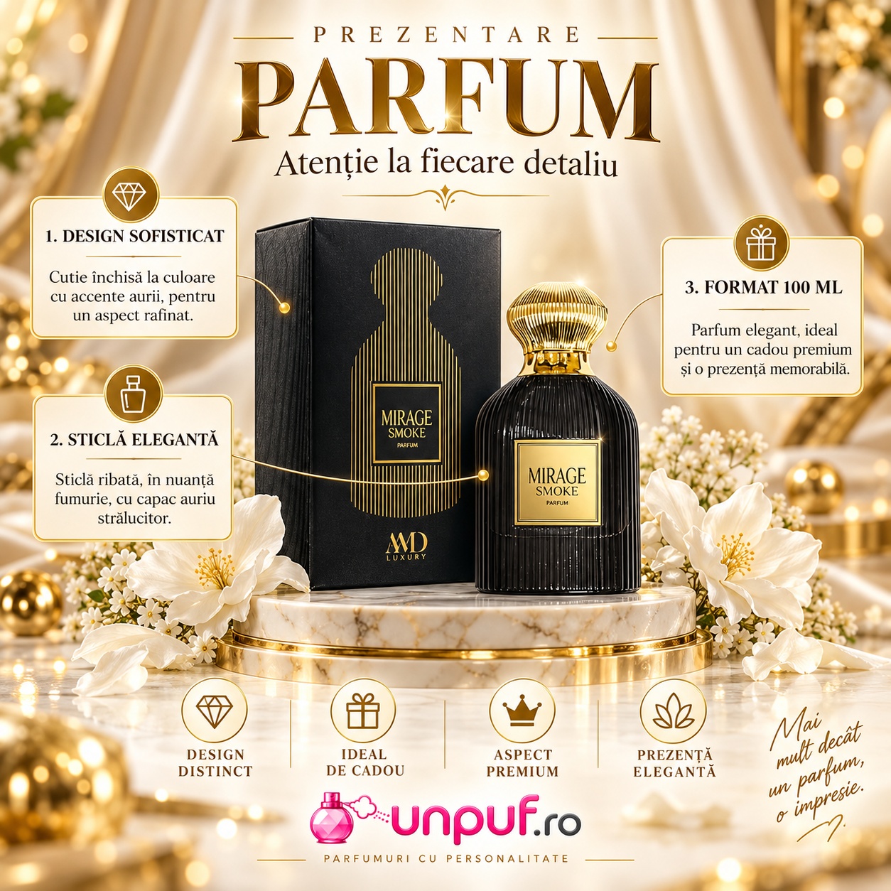 Prezentare parfum Mirage Smoke AMD Perfumes 100 ml cu detalii despre cutie sticla capac auriu si design sofisticat