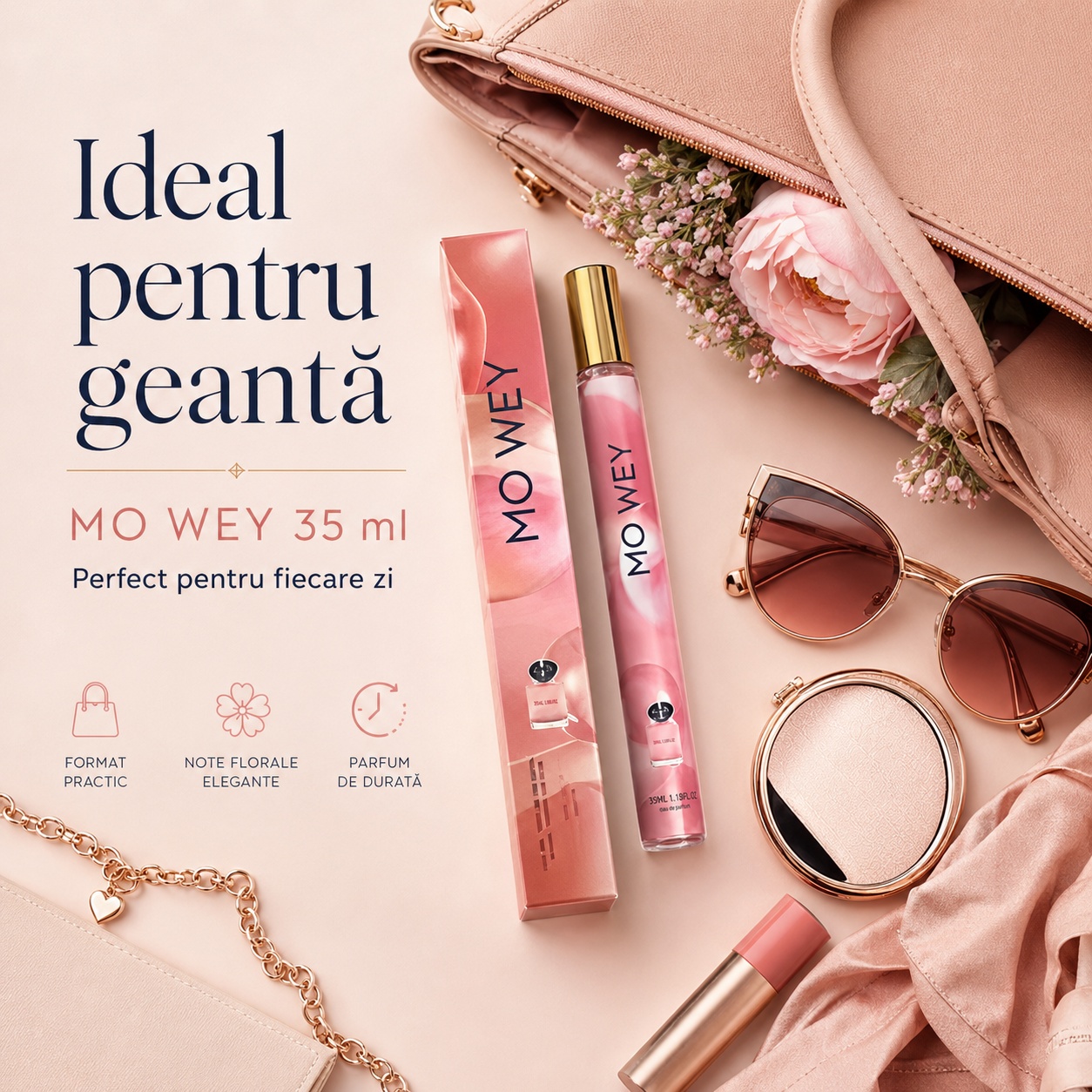 Mo Wey 35 ml ideal pentru geantă, parfum de damă compact cu note florale elegante