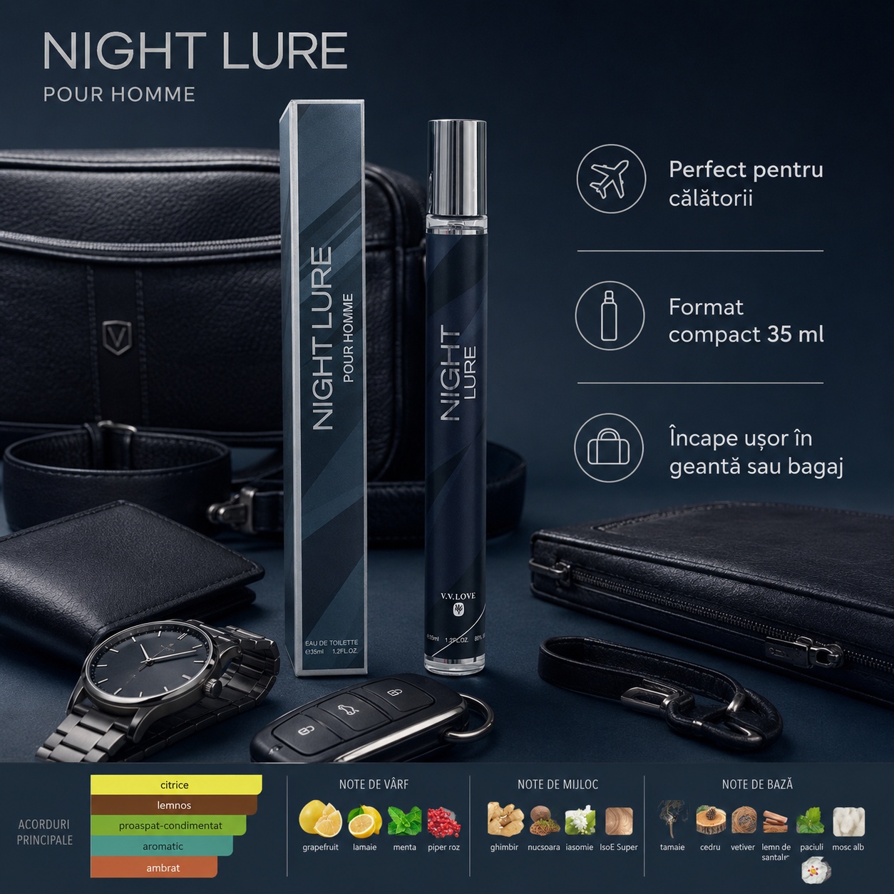Night Lure Pour Homme 35 ml perfect pentru călătorii, format compact pentru geantă și bagaj