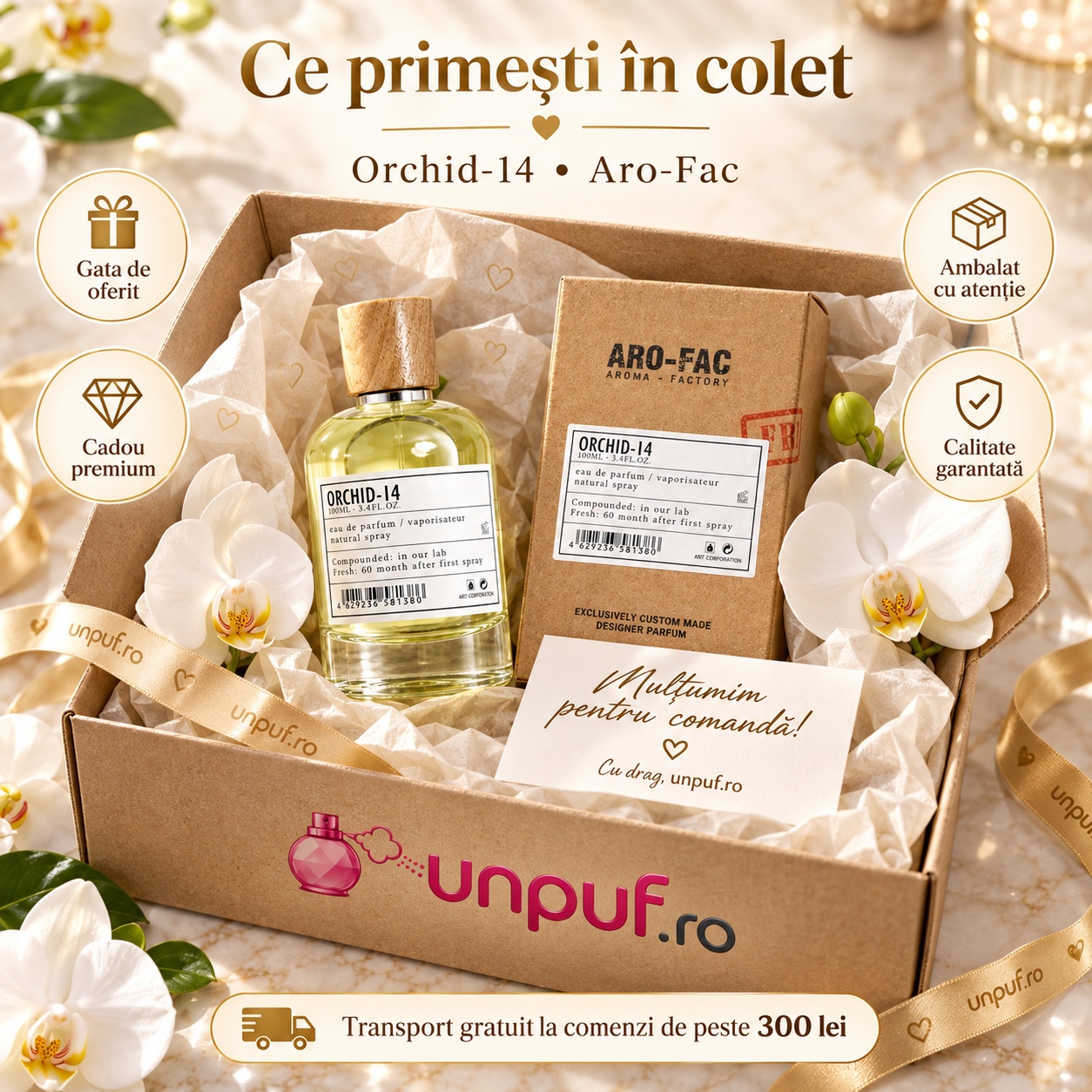 Ce primești în colet Orchid 14 Aro-Fac Eau de Parfum 100 ml ambalat premium pentru cadou