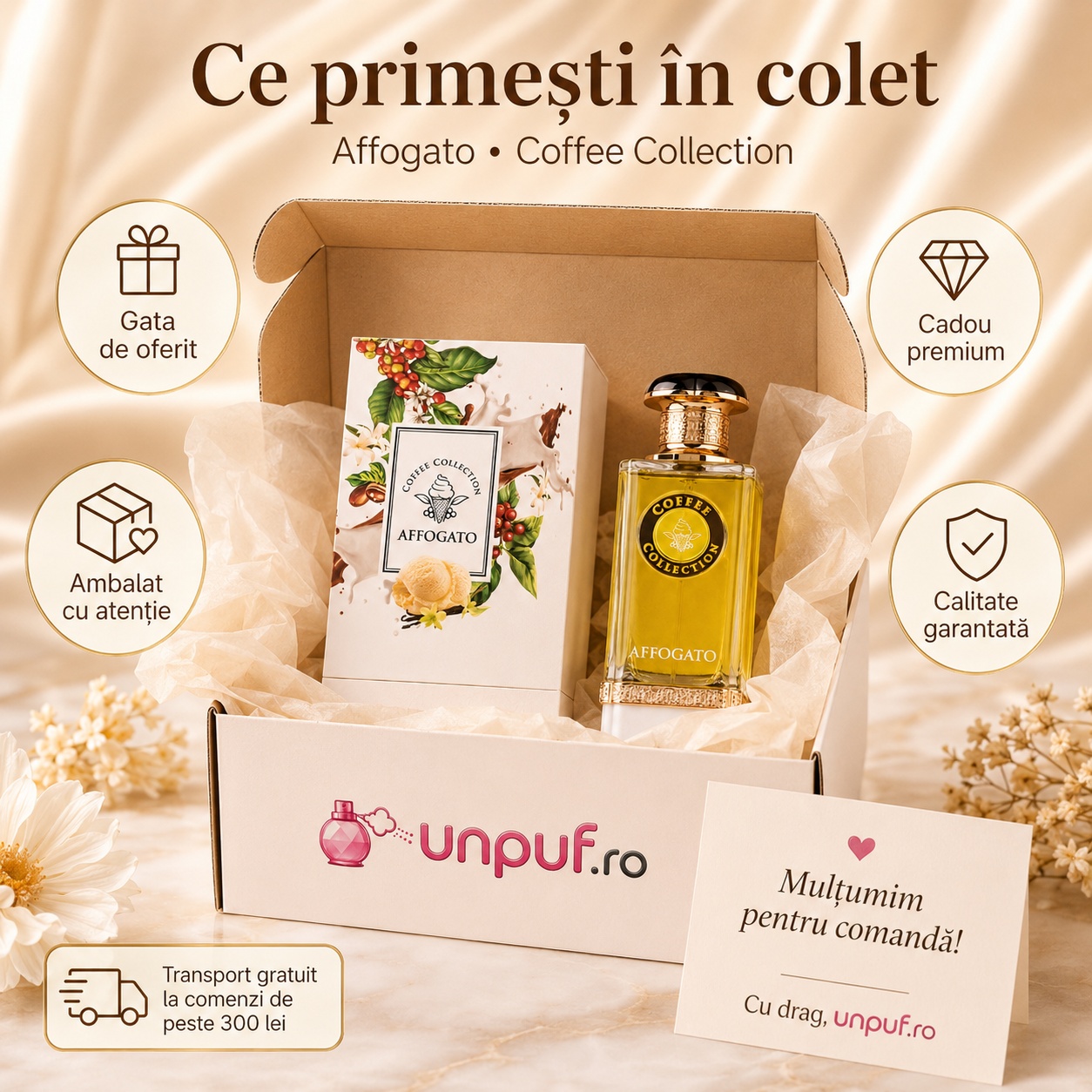 Affogato Eau de Parfum inspirat din Coffee Break, parfum gurmand cu cafea, lapte cremos, caramel și vanilie