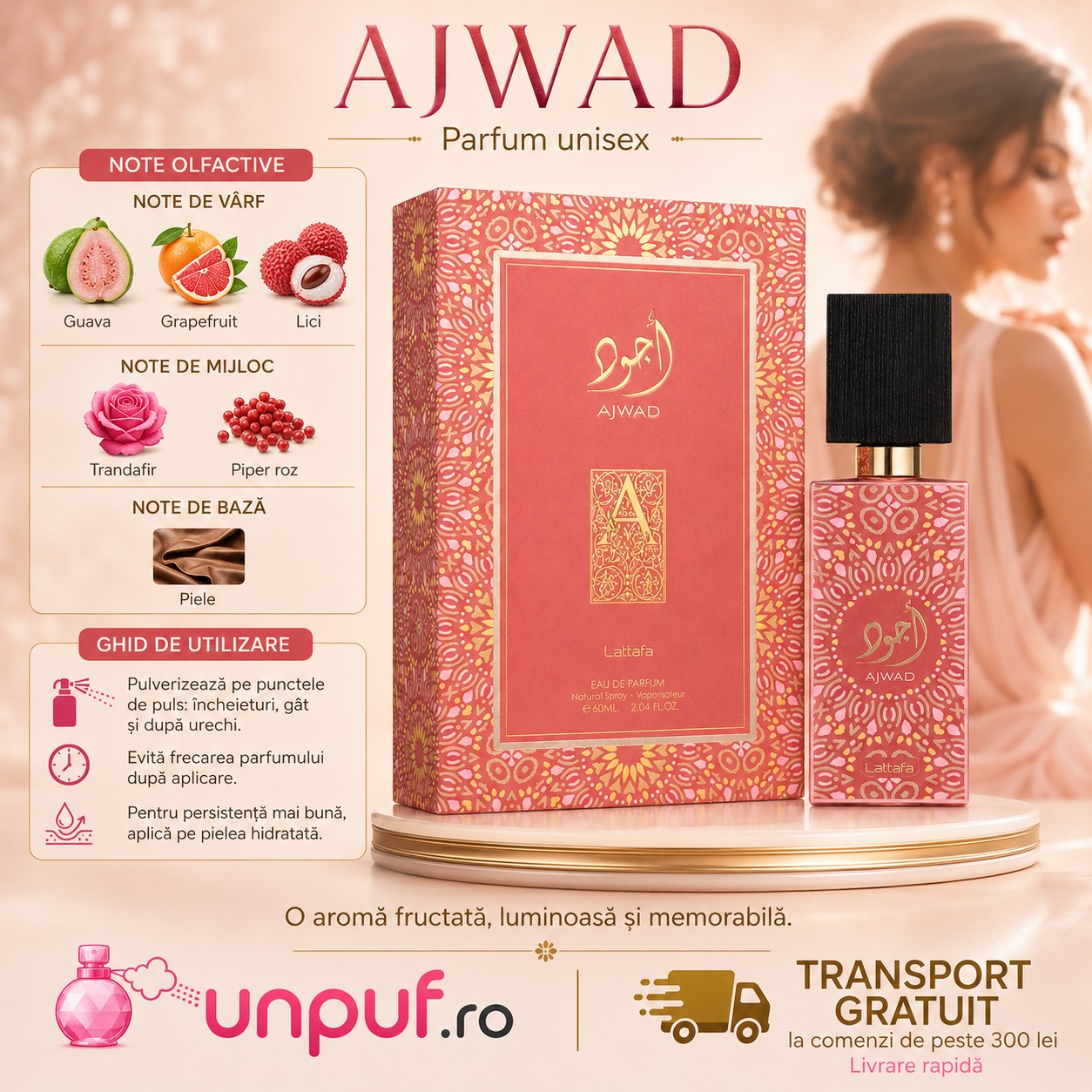 Ajwad Pink To Pink Lattafa parfum unisex cu note de guava, grapefruit, lici, trandafir, piper roz și piele, ghid de utilizare și transport gratuit la comenzi eligibile