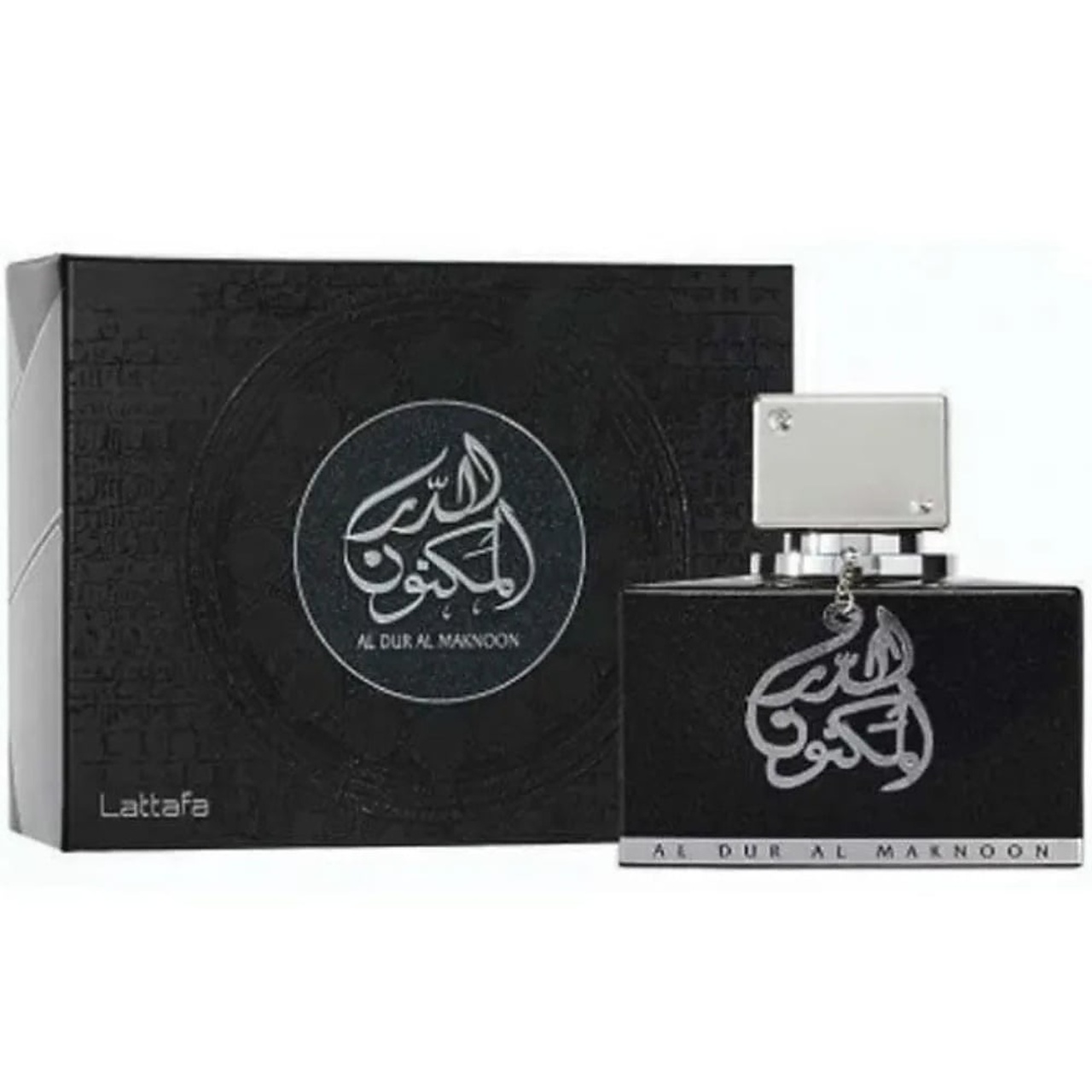 Cutie originală Al Dur Al Maknoon Silver Lattafa 100 ml și flacon parfum arabesc bărbătesc