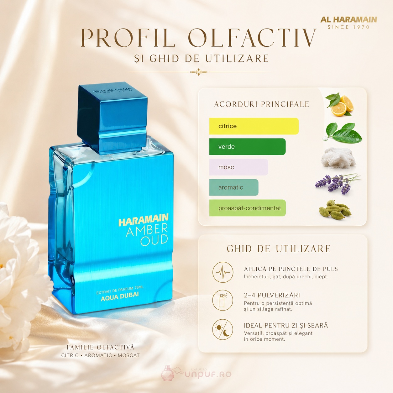 Profil olfactiv și ghid de utilizare Al Haramain Amber Oud Aqua Dubai, acorduri citrice, verzi, moscate și aromatice