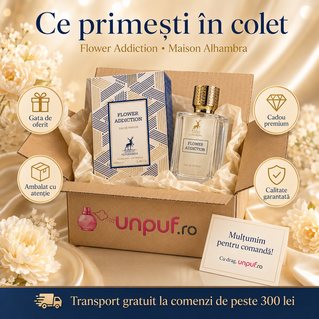 Ce primești &icirc;n colet Parfum Alhambra Addiction Flower Maison Alhambra 100 ml ambalat cu atenție