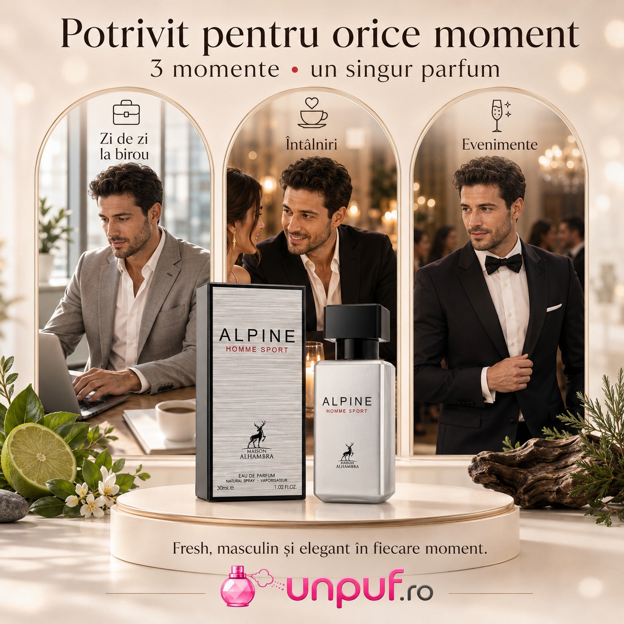 Parfum Alhambra Alpine Homme Sport potrivit pentru zi de zi, birou, &icirc;nt&acirc;lniri și evenimente