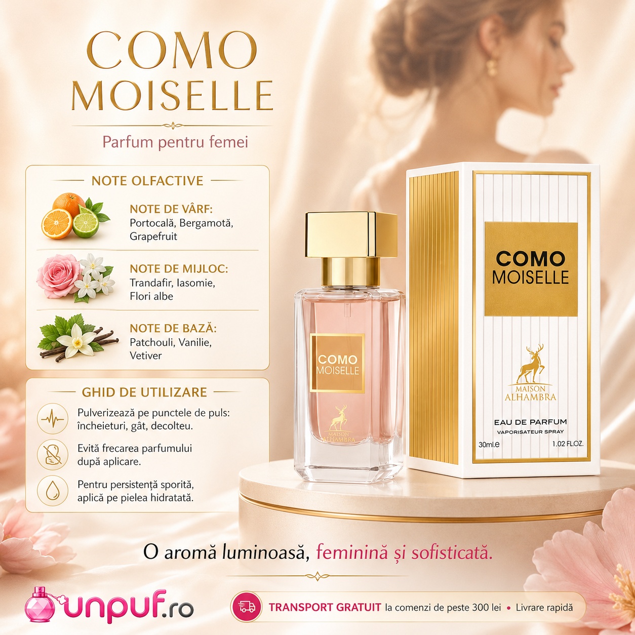 Note olfactive și ghid de utilizare Alhambra Como Moiselle cu portocală, bergamotă, grapefruit, trandafir, iasomie, flori albe, patchouli, vanilie și vetiver