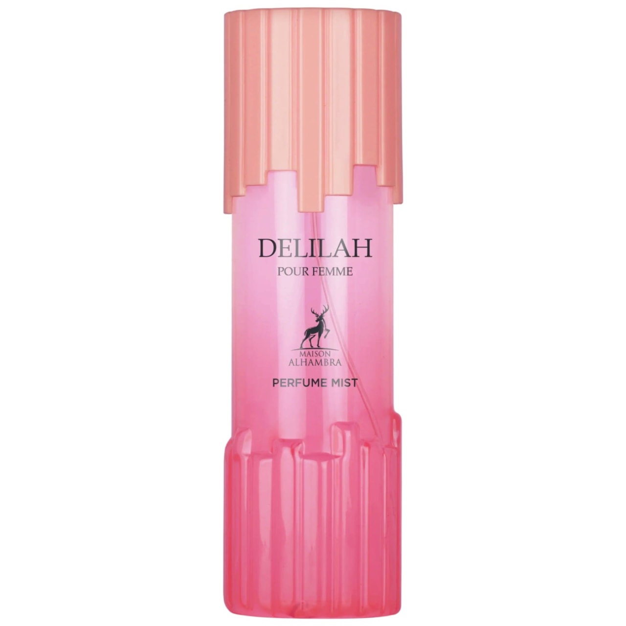Alhambra Delilah Pour Femme Body Mist 250ml, flacon roz pe fundal alb, spray parfumat de damă