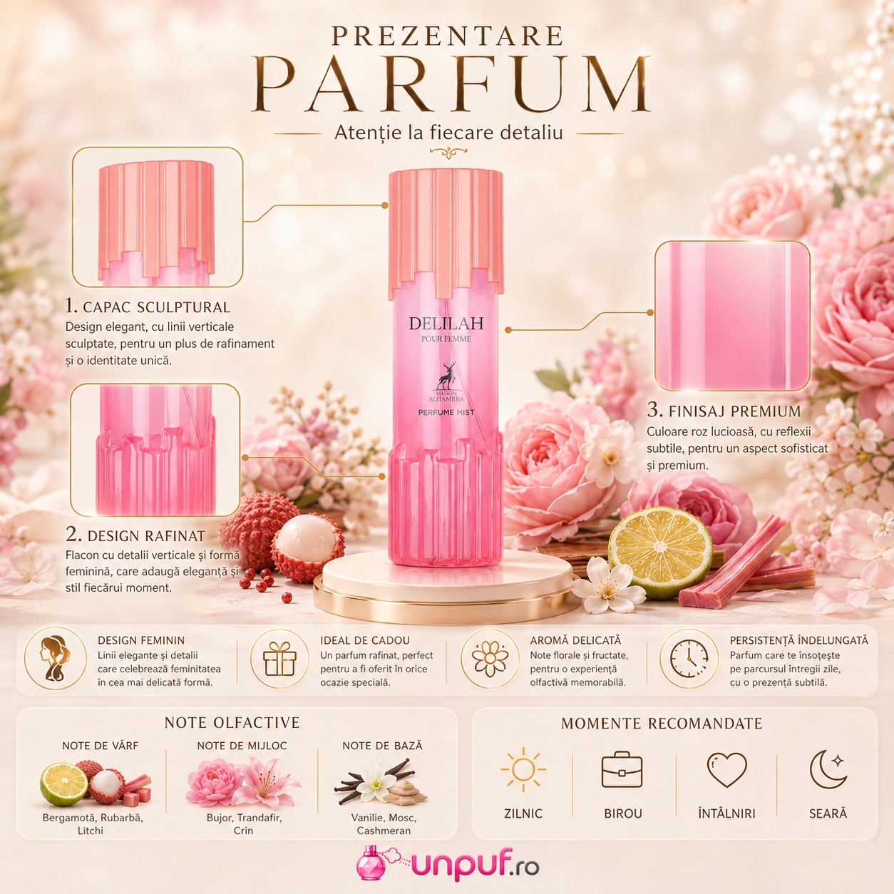 Prezentare Alhambra Delilah Pour Femme Body Mist cu design rafinat, capac sculptural, note olfactive și momente recomandate
