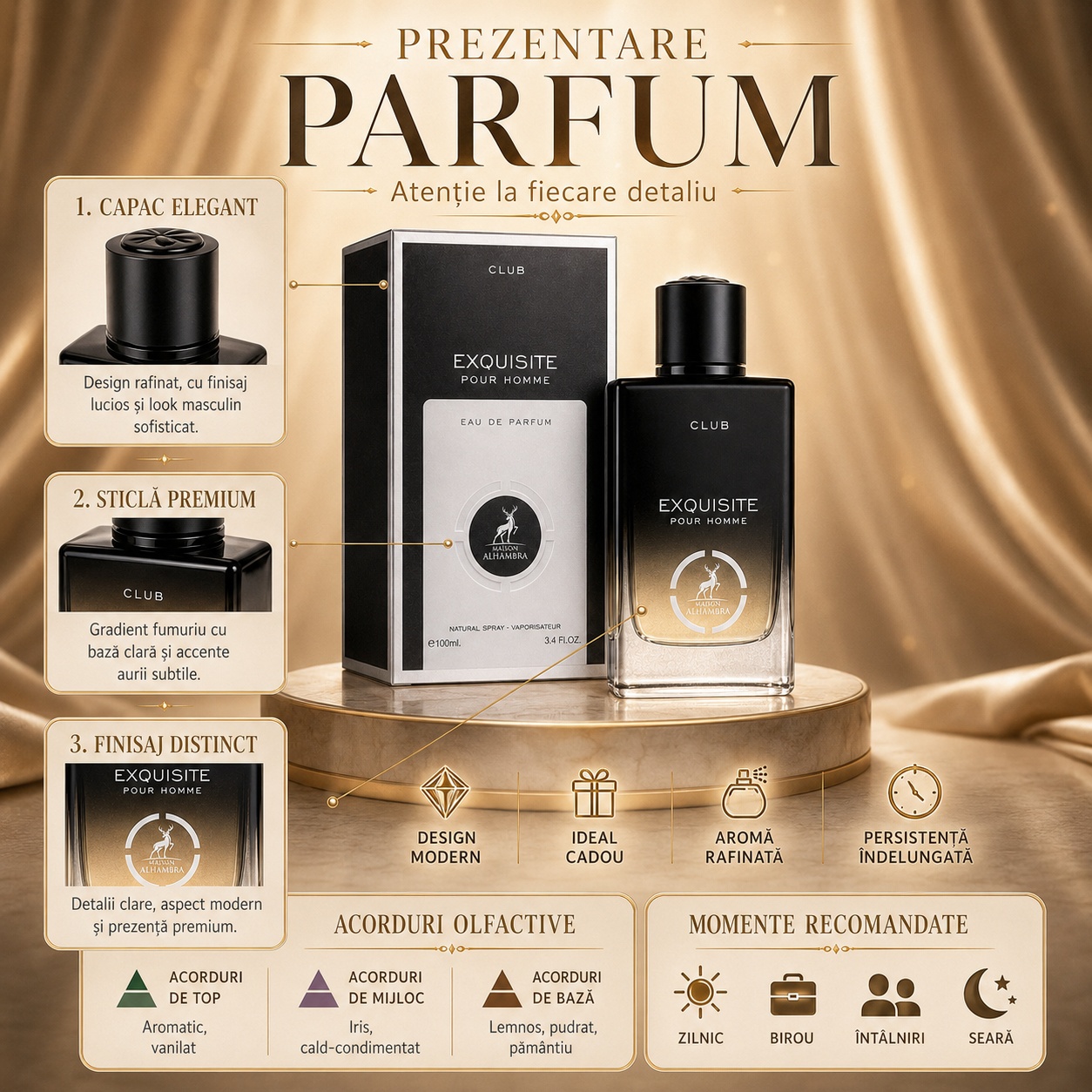 Prezentare Parfum Alhambra Exquisite Club Maison Alhambra 100 ml detalii sticlă premium și beneficii