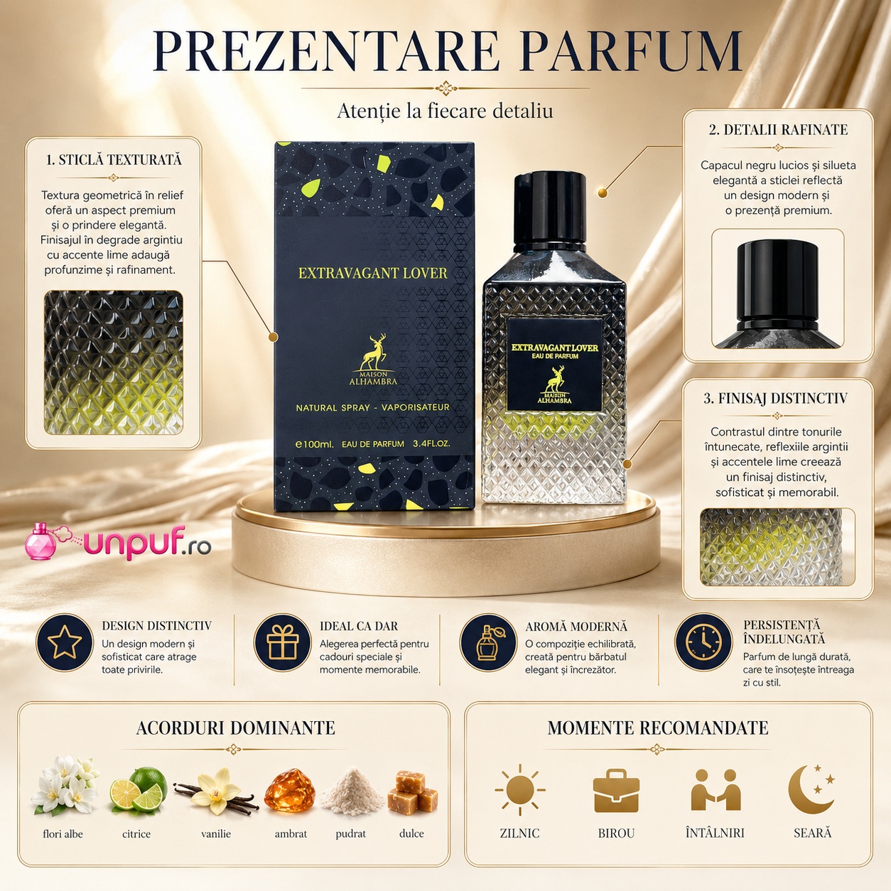 Alhambra Extravagant Lover note olfactive parfum oriental modern cu bergamotă condimente flori albe citrice vanilie ambră și mosc
