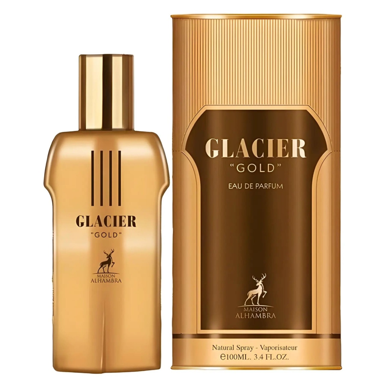 Parfum Alhambra Glacier Gold Maison Alhambra 100 ml sticlă și cutie pe fundal alb
