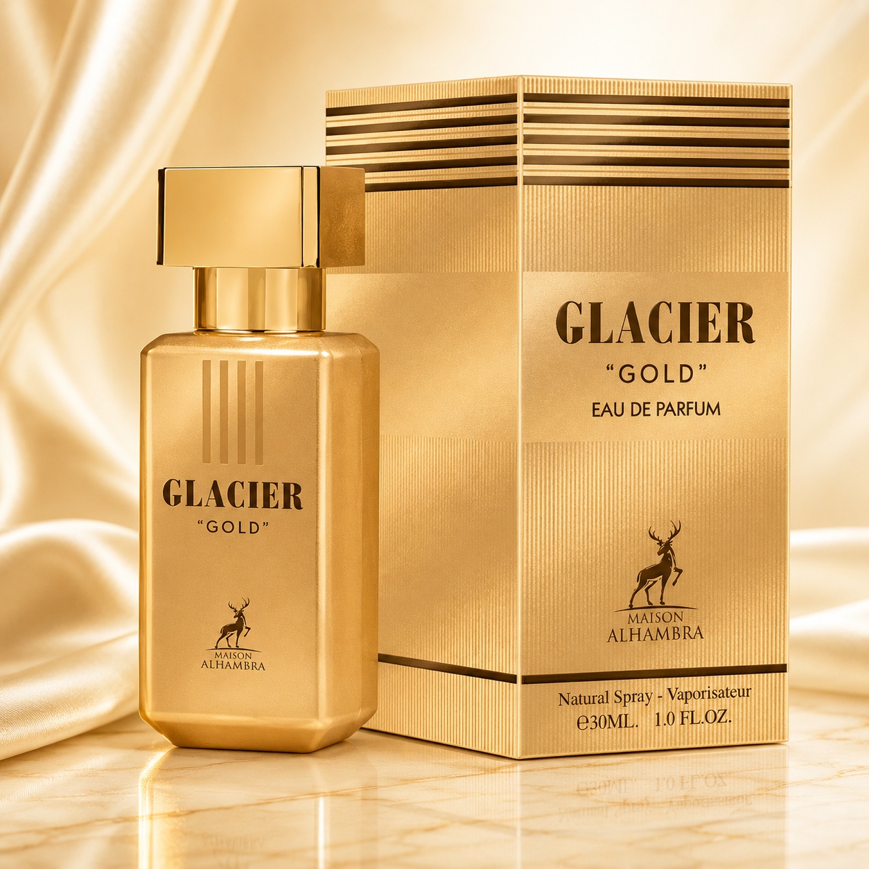 Parfum Arăbesc Alhambra Glacier Gold Maison Alhambra 30 ml cu sticlă aurie și cutie premium