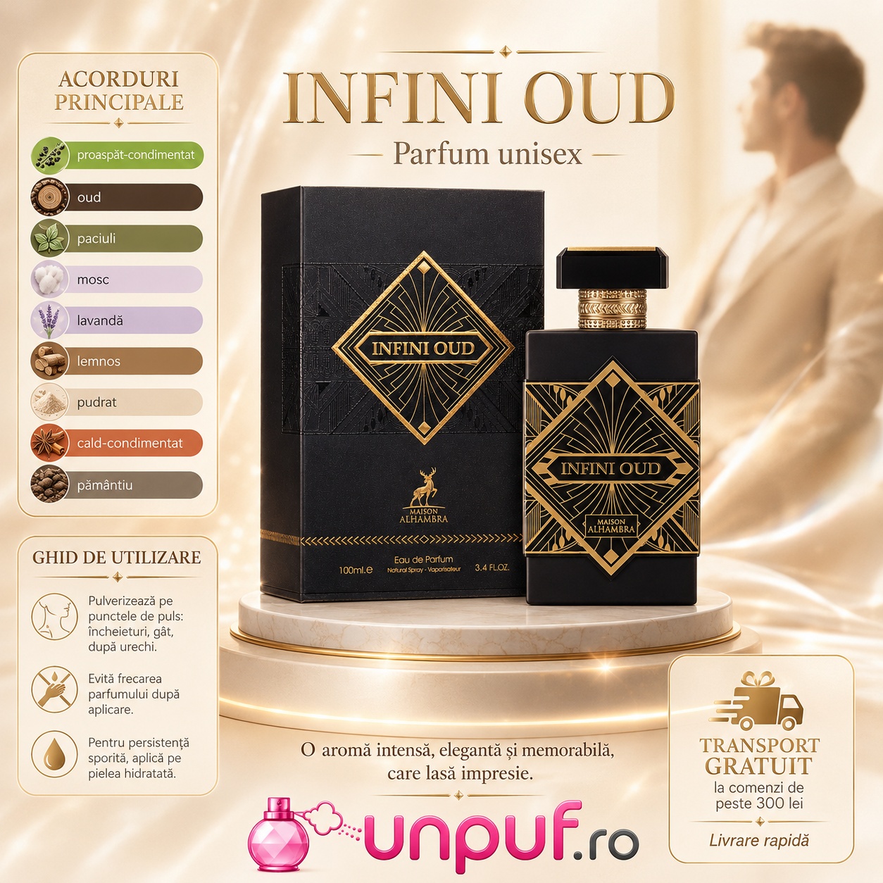Alhambra Infini Oud Maison Alhambra design elegant negru auriu și prezentare premium unisex