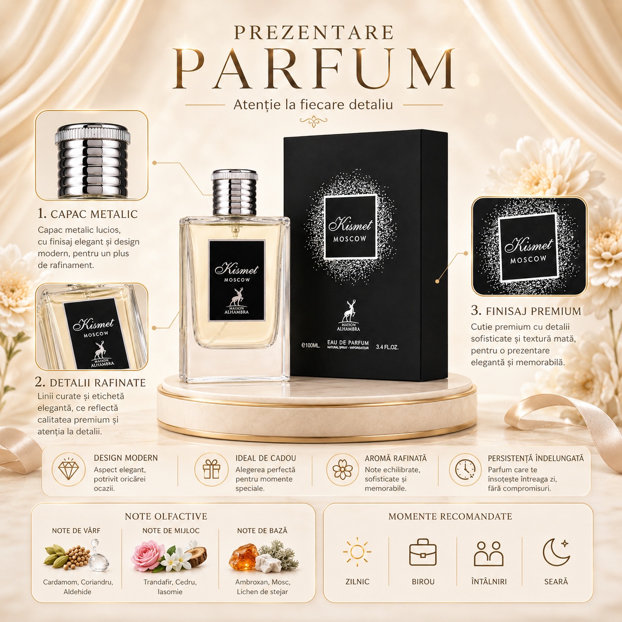 Prezentare parfum Alhambra Kismet Moscow cu flacon, cutie premium, note olfactive și momente recomandate