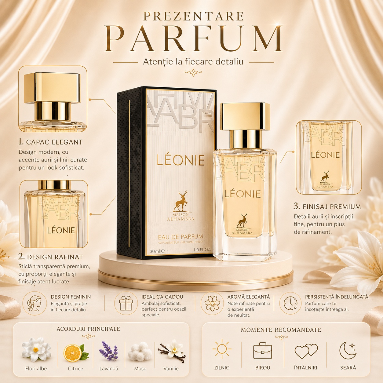 Prezentare parfum Alhambra Leonie cu capac elegant, design rafinat, finisaj premium, acorduri principale și momente recomandate