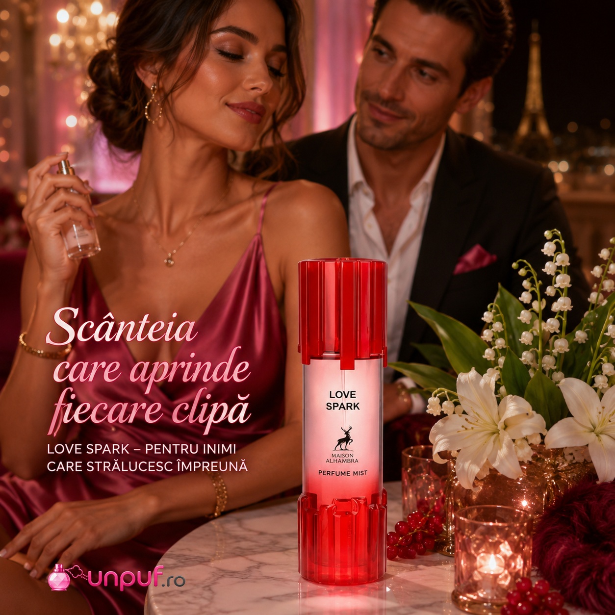 Alhambra Love Spark Body Mist, spray parfumat feminin pentru întâlniri romantice și momente memorabile
