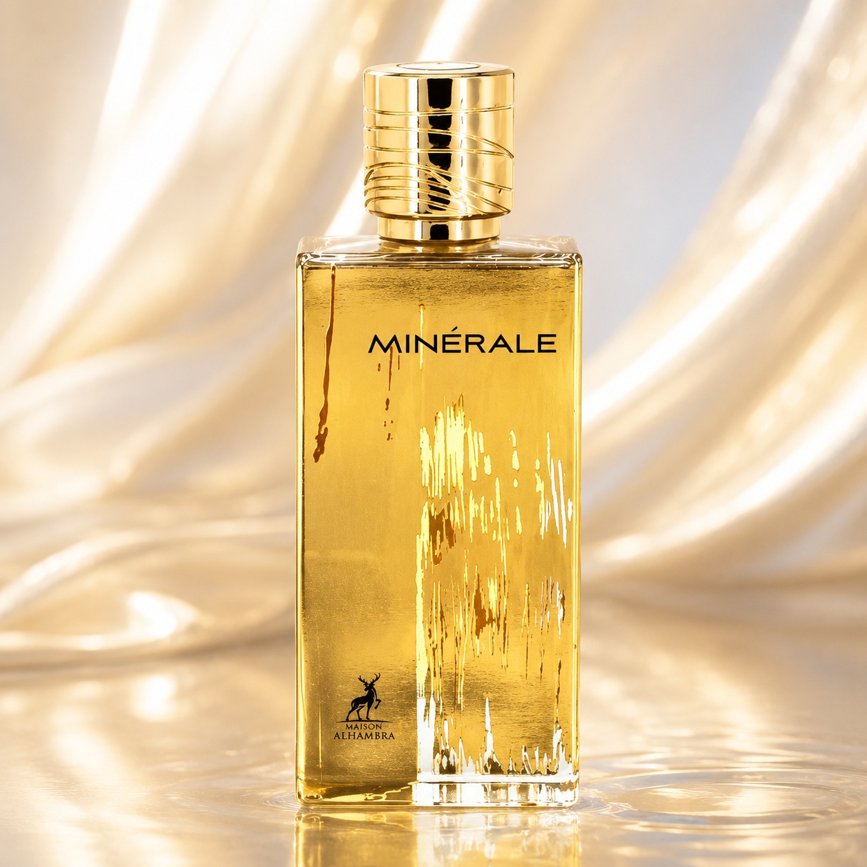 Sticlă Parfum Alhambra Minerale Gold Maison Alhambra 100 ml pe fundal luminos premium