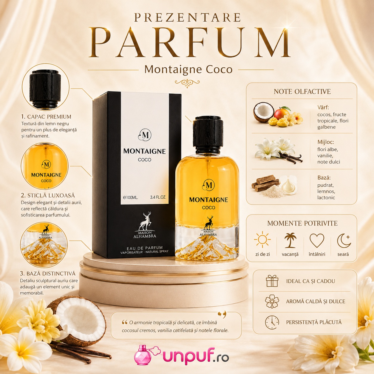 Prezentare parfum Alhambra Montaigne Coco cu capac premium, sticlă luxoasă, bază distinctivă, note olfactive și momente potrivite