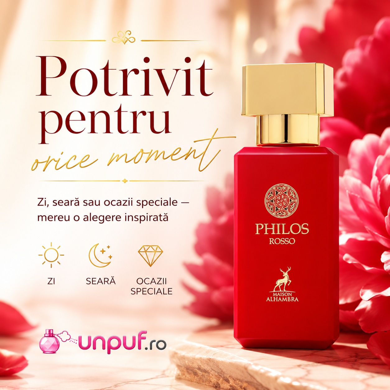 Alhambra Philos Rosso parfum unisex compact, elegant, rafinat și persistent