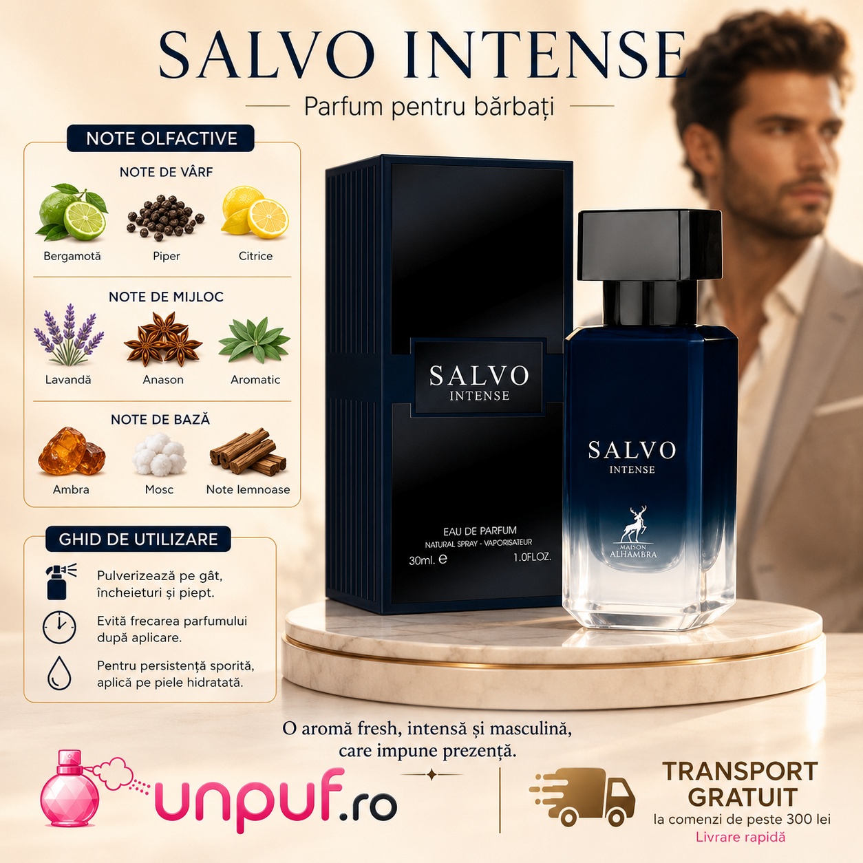Note olfactive și ghid de utilizare Alhambra Salvo Intense cu bergamotă, piper, citrice, lavandă, anason, ambră, mosc și note lemnoase