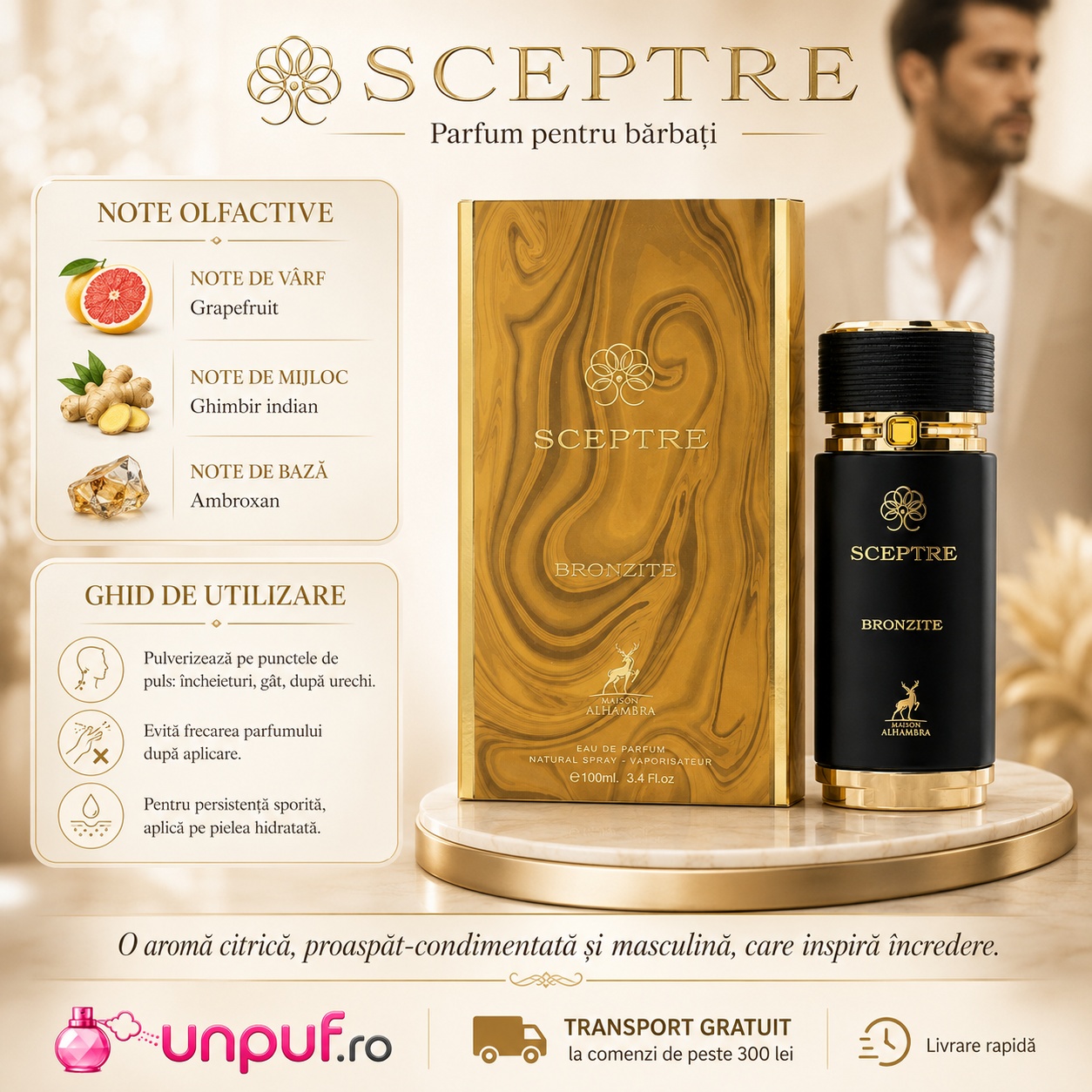 Note olfactive și ghid de utilizare Alhambra Sceptre Bronzite cu grapefruit, ghimbir indian și ambroxan