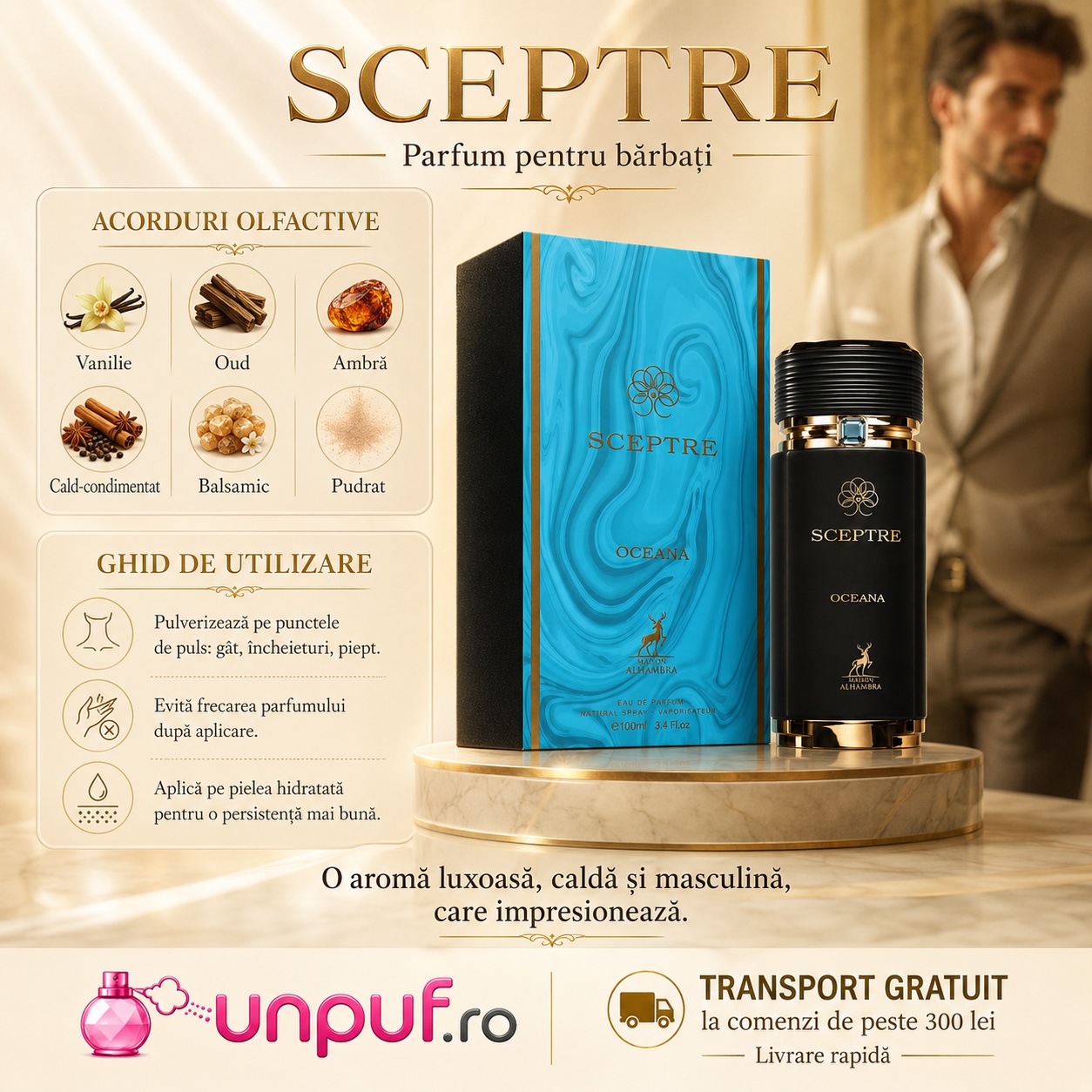 Note olfactive și ghid de utilizare Alhambra Sceptre Oceana parfum bărbătesc acvatic proaspăt