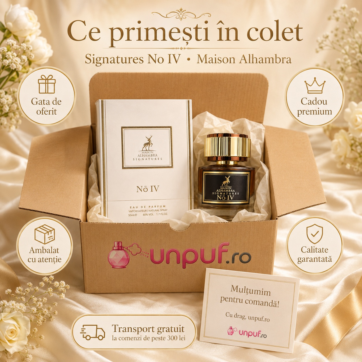 Ce primești &icirc;n colet Parfum Alhambra Signatures No. IV Maison Alhambra 50 ml ambalat cu atenție pentru cadou premium