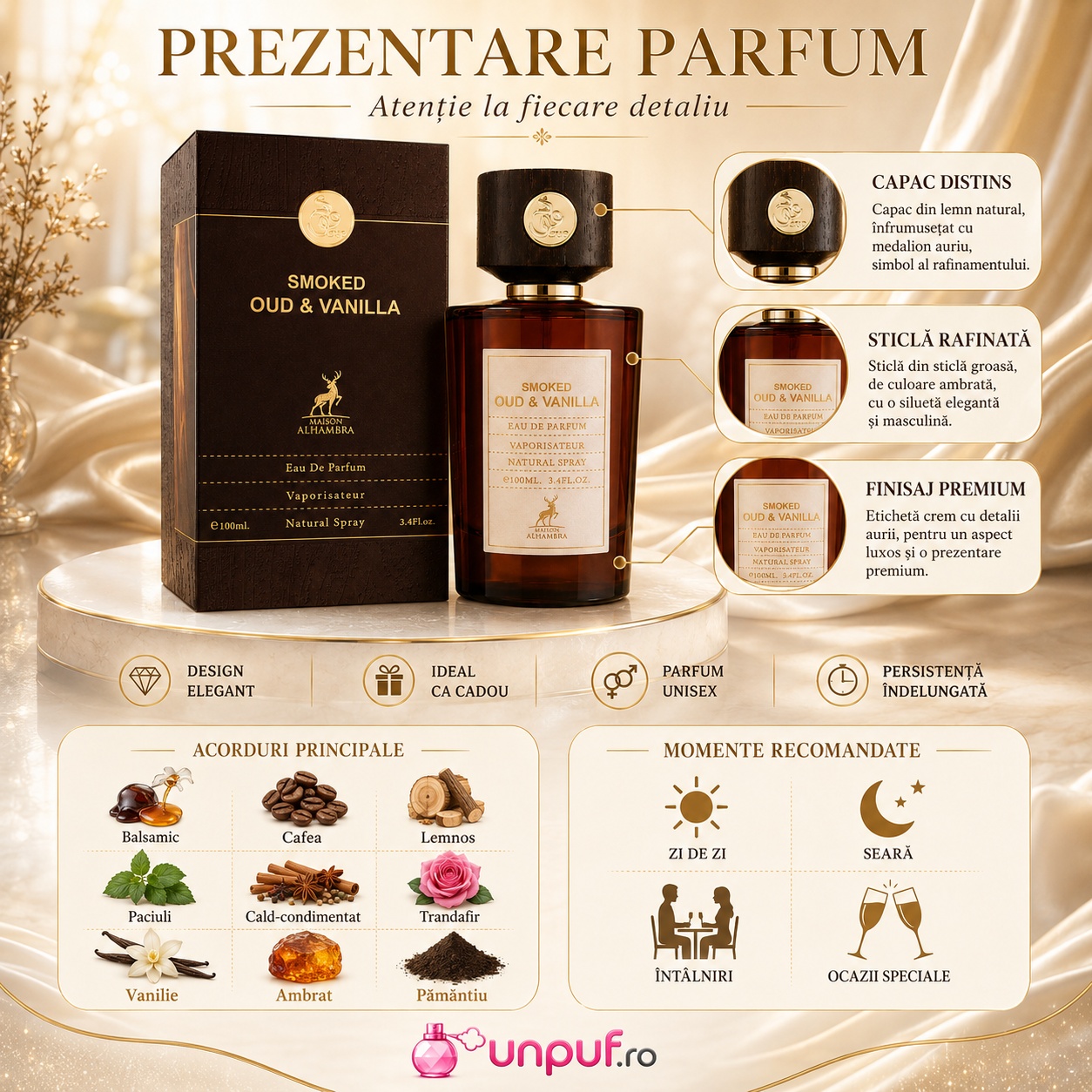 Prezentare parfum Alhambra Smoked Oud & Vanilla Maison Alhambra 100 ml cu detalii premium și acorduri principale