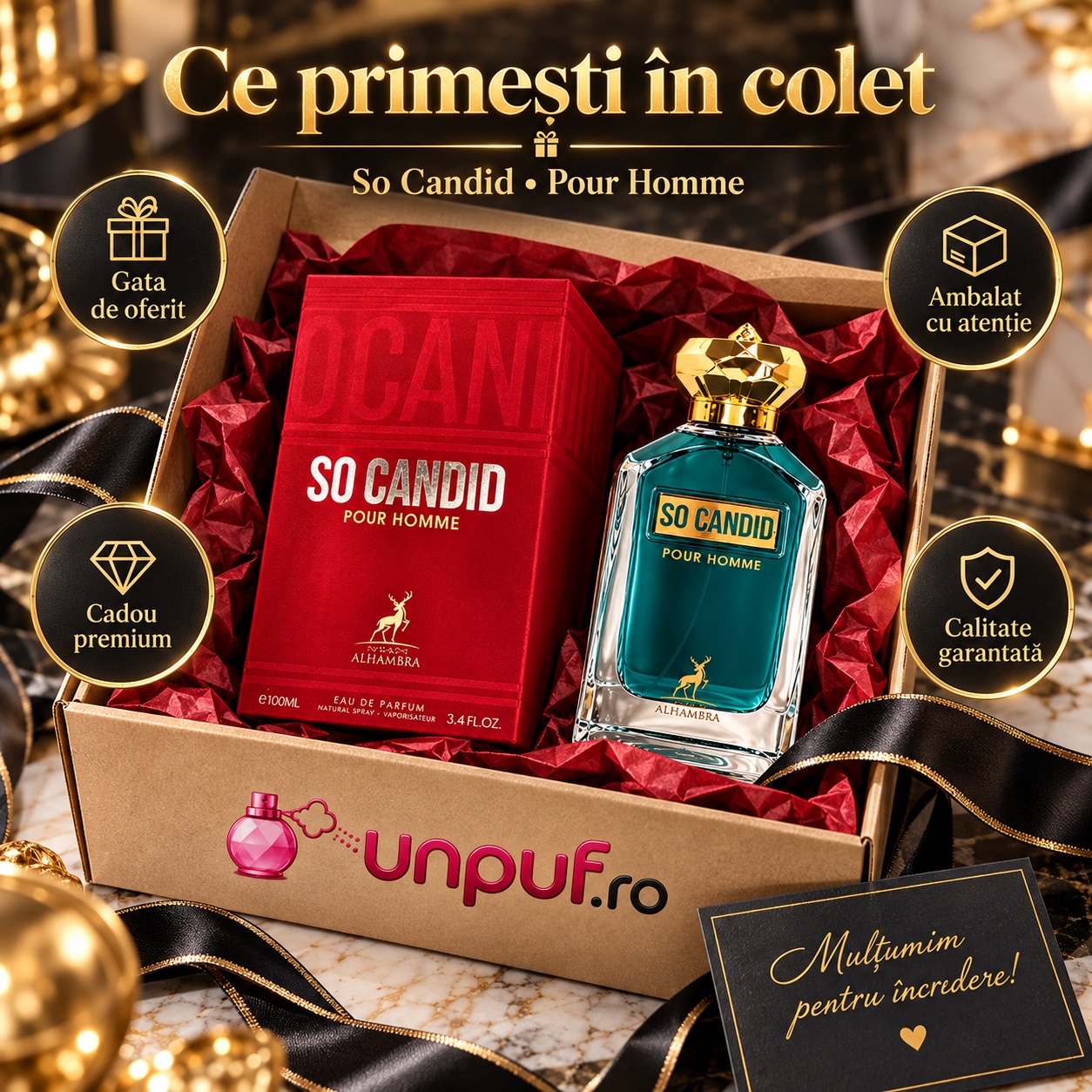 Ce primești în colet So Candid Pour Homme Alhambra Eau de Parfum 100 ml ambalat premium pentru cadou
