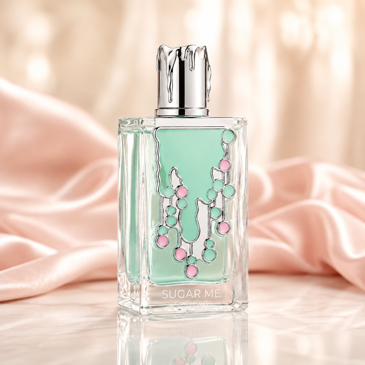 Sticlă parfum Alhambra Sugar Me Candy Floss Maison Alhambra 100 ml pe fundal roz premium