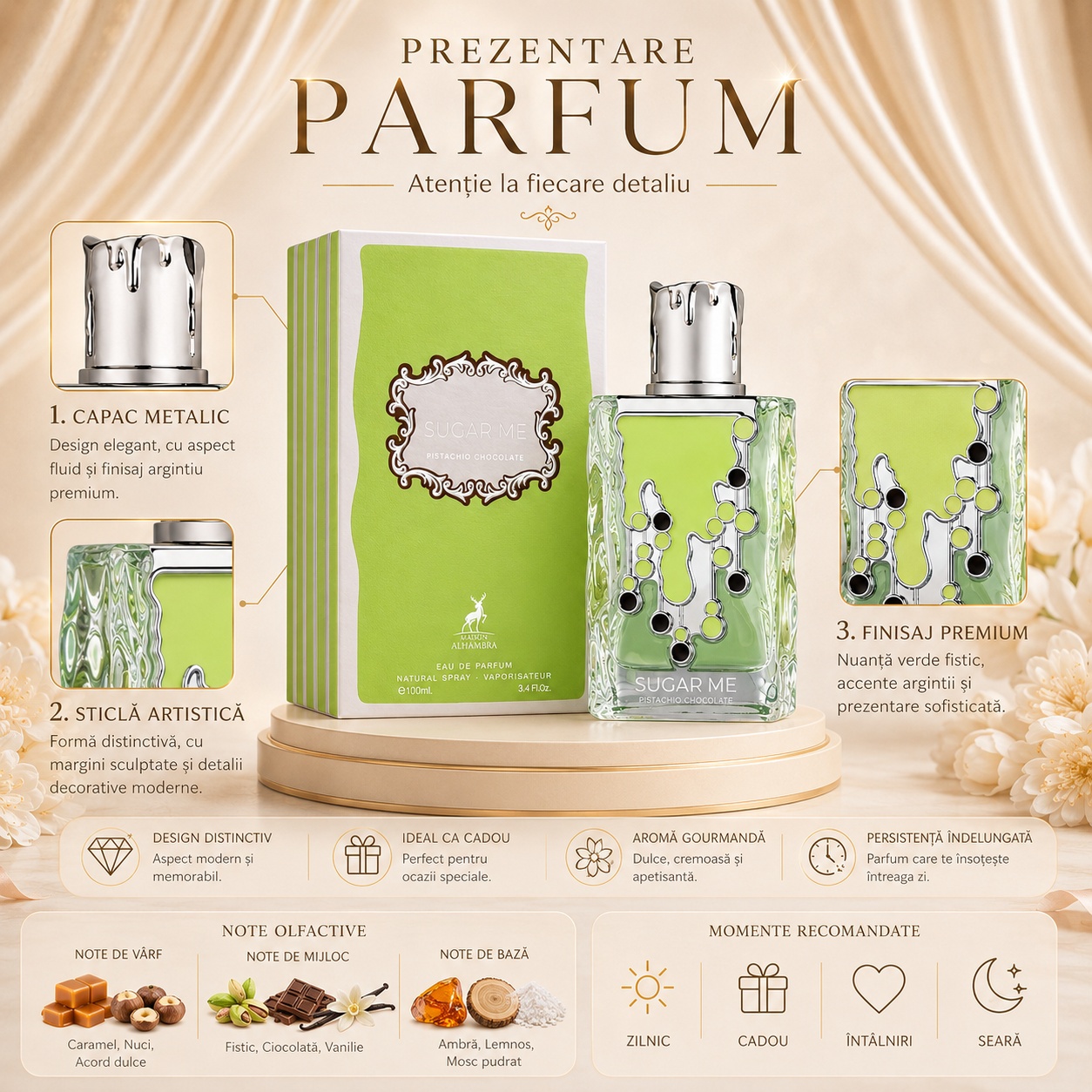 Alhambra Sugar Me Pistachio Chocolate note olfactive fistic cardamom citrice ciocolată albă frișcă flori albe ambră mosc și vanilie