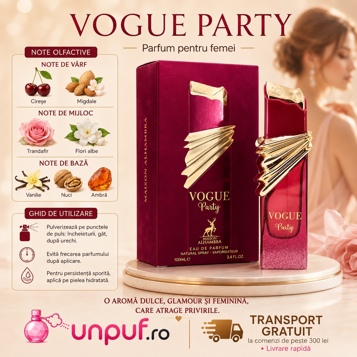 Note olfactive și ghid de utilizare Alhambra Vogue Party cu cireșe, migdale, flori albe, vanilie, nuci și ambră