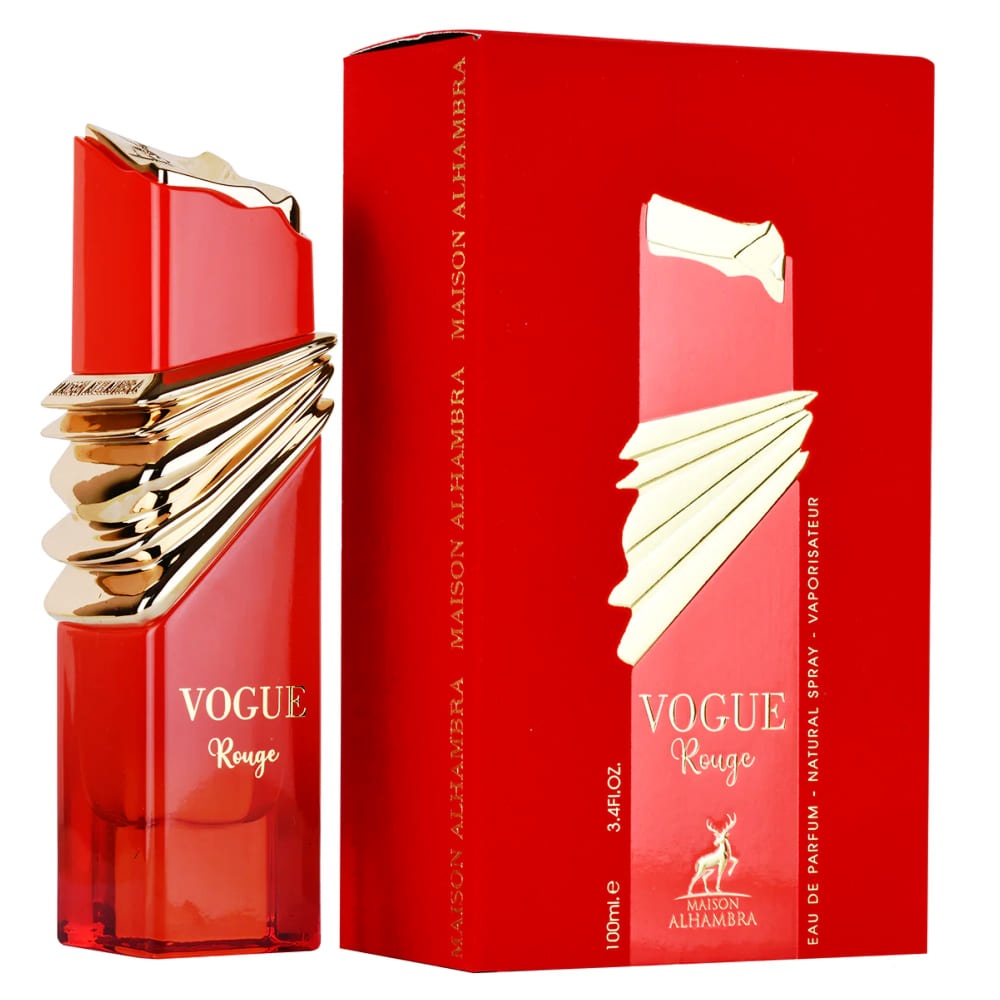 Produs real Alhambra Vogue Rouge 100 ml cu sticlă roșie și cutie Maison Alhambra