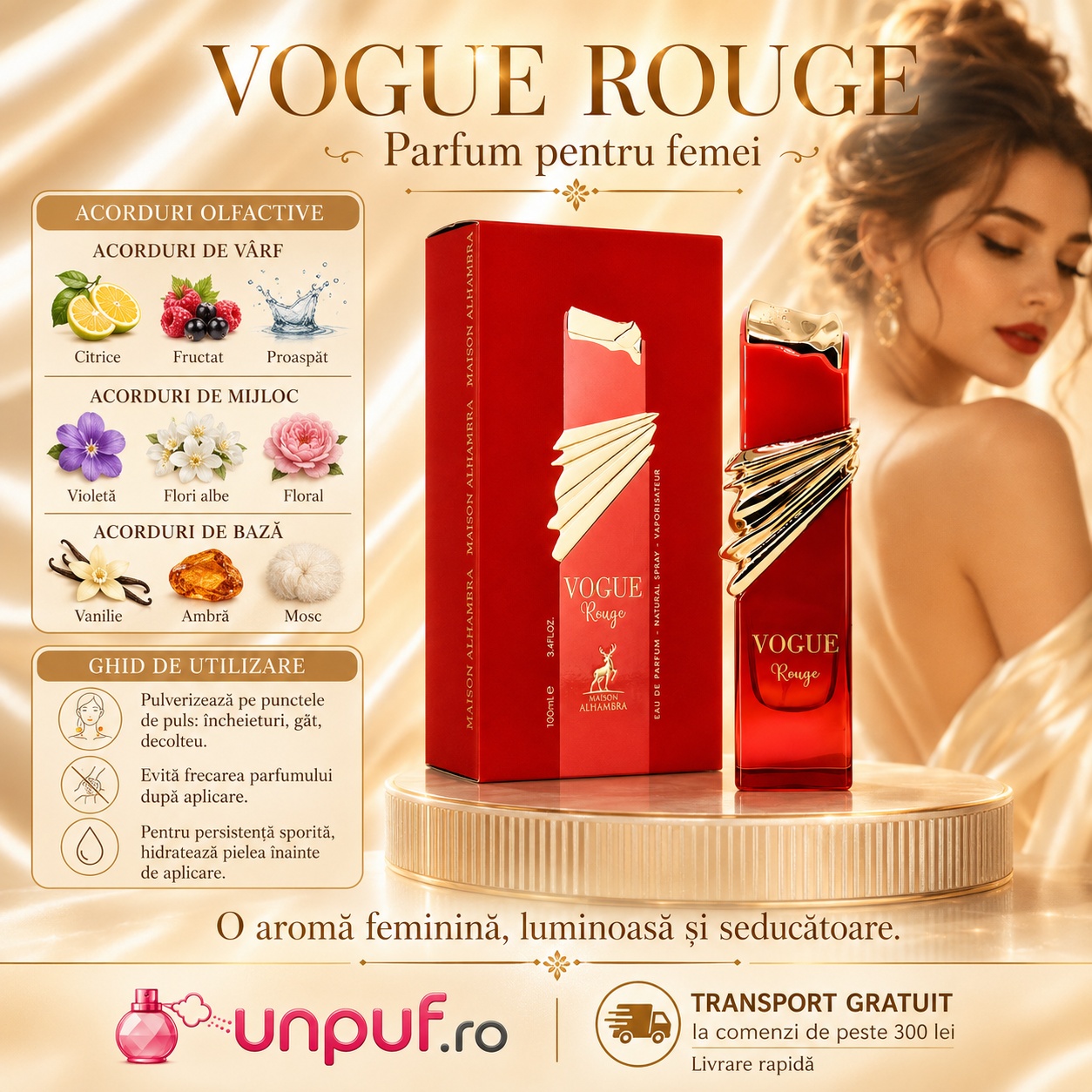 Note olfactive și ghid de utilizare Alhambra Vogue Rouge cu citrice, fructe roșii, violetă, flori albe, vanilie, ambră și mosc