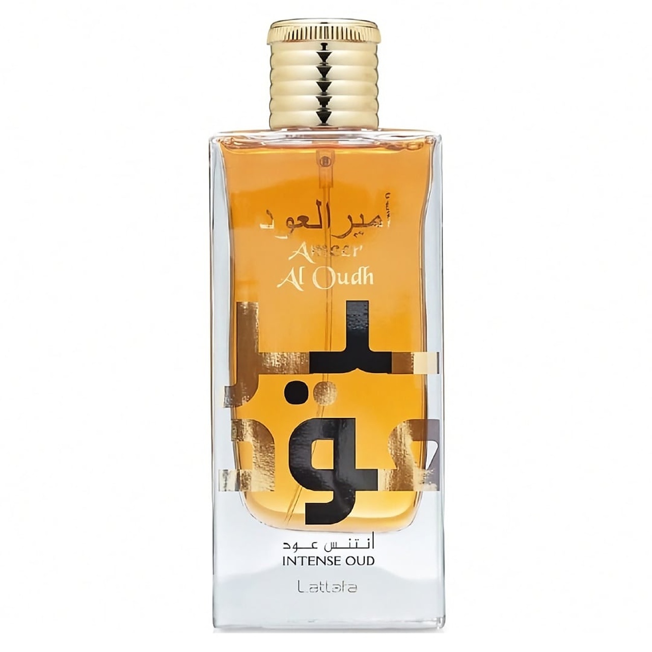 Sticlă reală Ameer Al Oudh Intense Lattafa 100 ml cu lichid ambrat și capac auriu