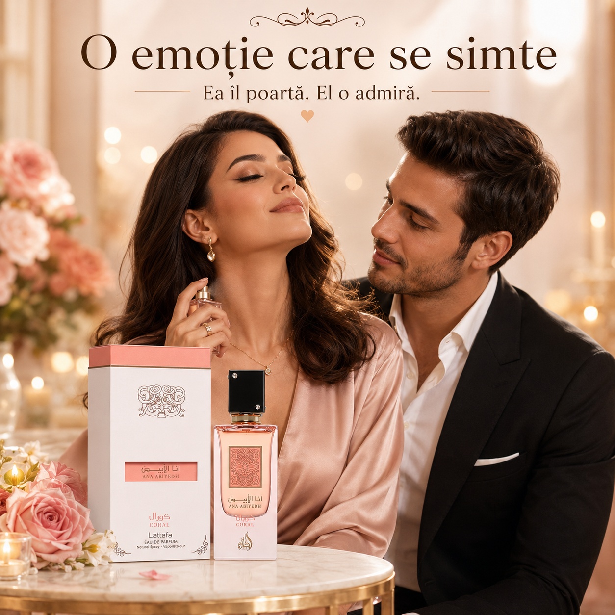 Ana Abiyedh Coral Lattafa parfum elegant, o emoție care se simte, ea &icirc;l poartă, el o admiră