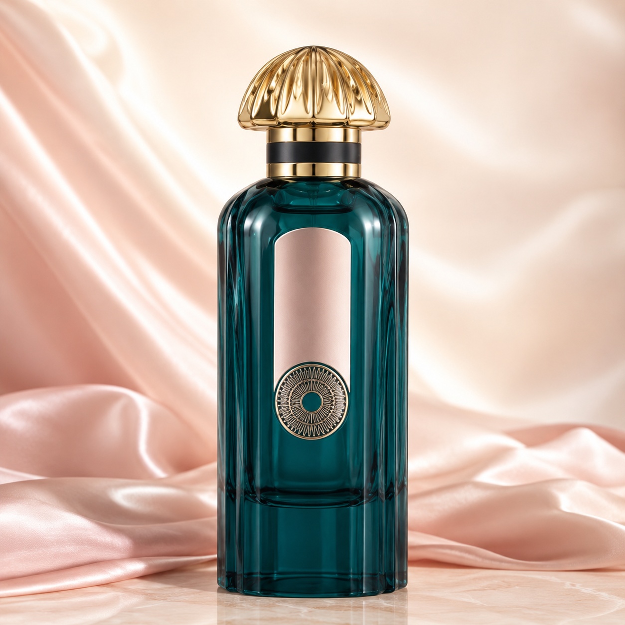 Flacon Arab Al Airah Nylaa verde petrol cu capac auriu elegant și etichetă rose gold