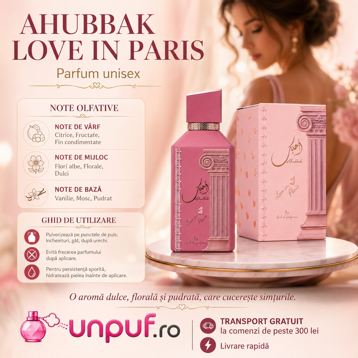Ahubbak Love in Paris parfum unisex cu note de citrice, fructe, flori albe, vanilie, mosc și ghid de utilizare