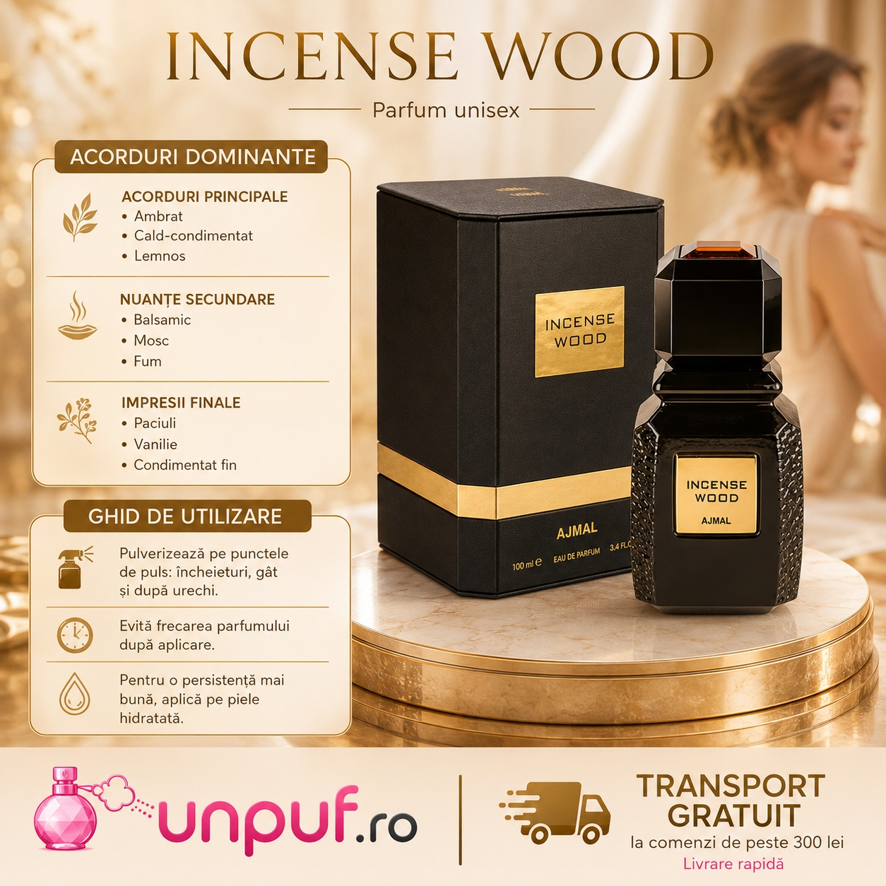 Ajmal Incense Wood acorduri dominante ambrat, cald condimentat, lemnos, balsamic, mosc, fum, paciuli și vanilie