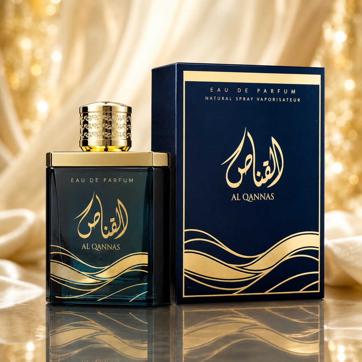 Parfum Arăbesc Al Qannas Ard Al Zaafaran 100 ml cu flacon albastru intens și cutie premium bleumarin cu detalii aurii